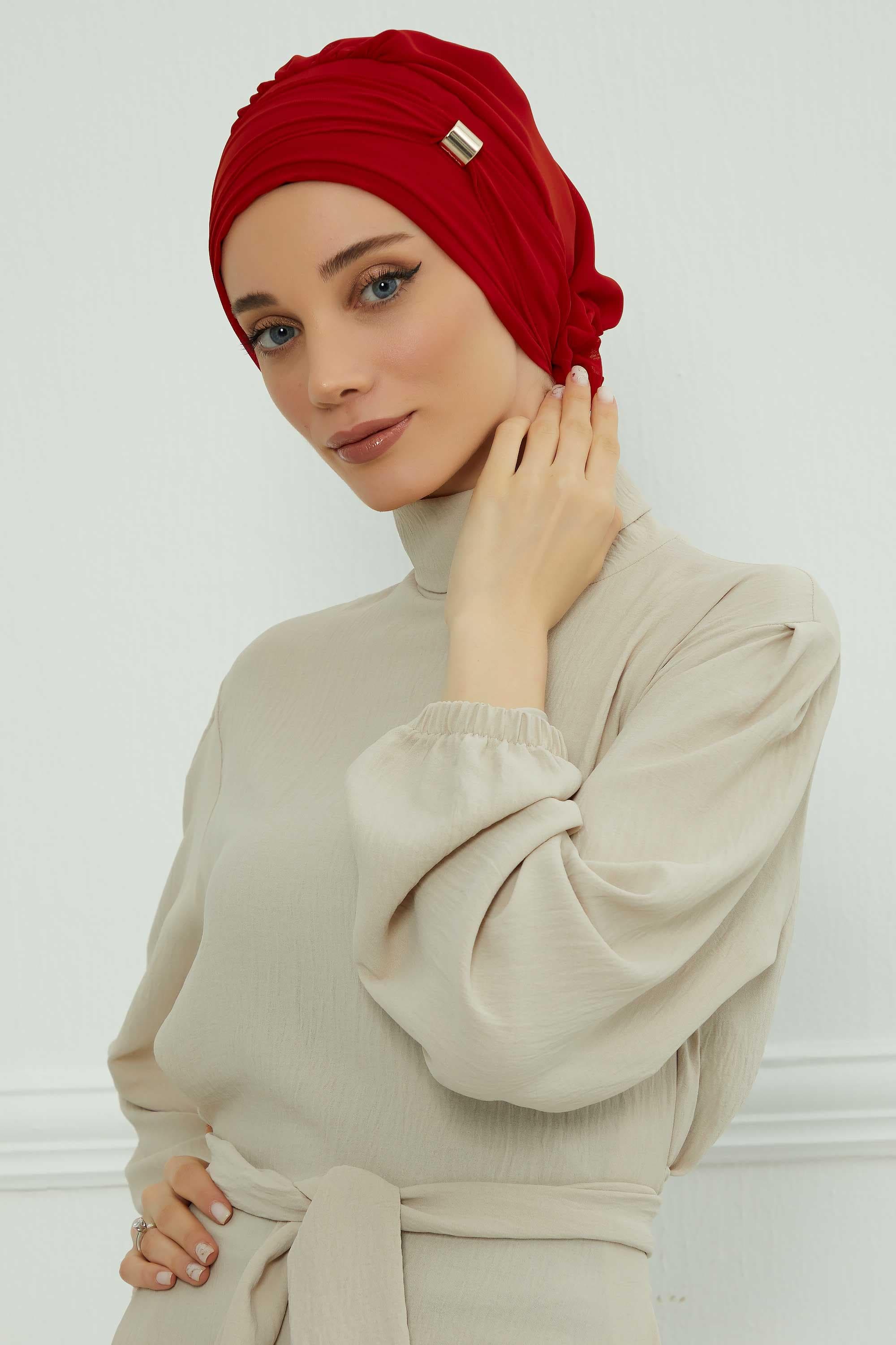 Aksesuarlı Şifon Hazır Türban,HT-95S,HT-95S Kırmızı — görsel 1/8