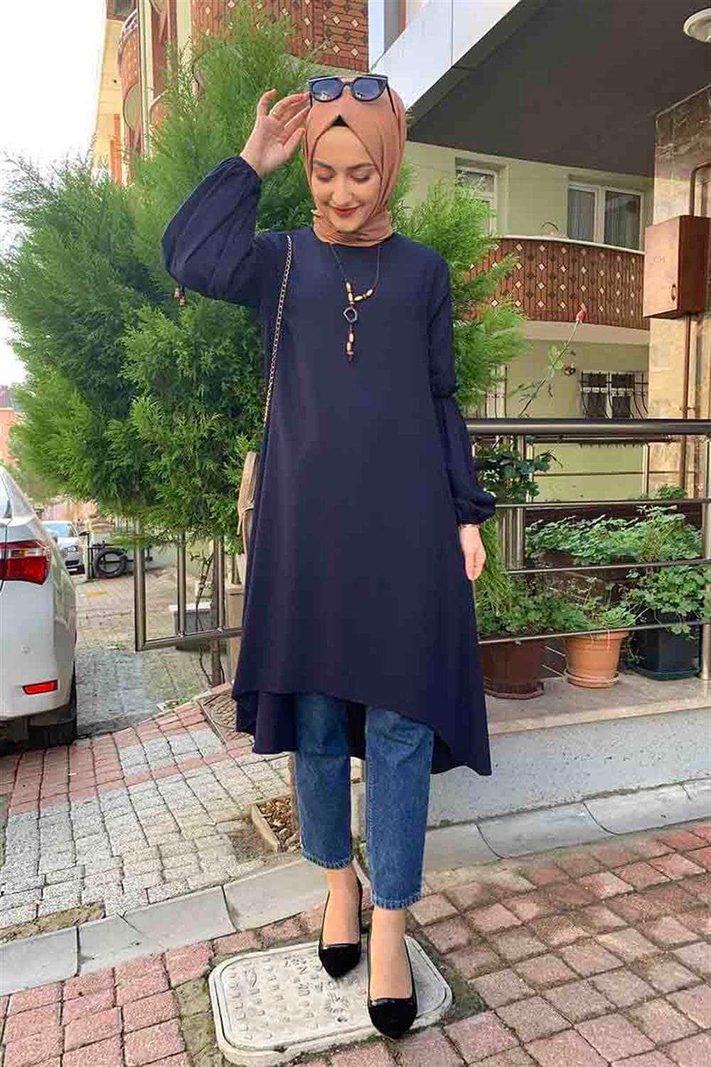 Balon Kol Kolye Detaylı Tesettür LACİVERT — görsel 1/5