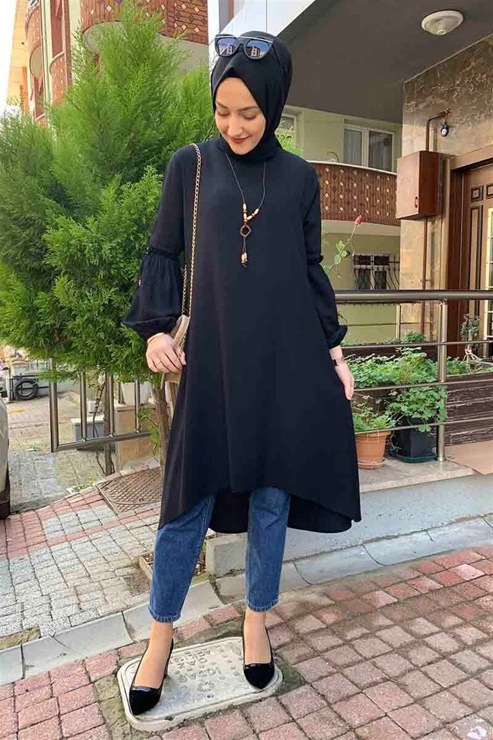 Balon Kol Kolye Detaylı Tesettür SİYAH — görsel 1/4