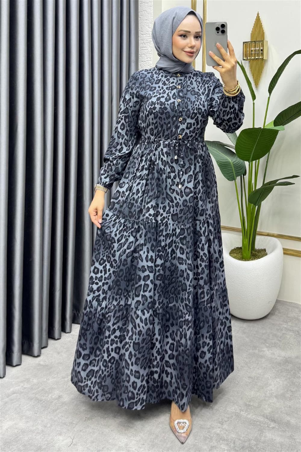 Beli Tünelli Leopar Elbise GRİ — görsel 1/3