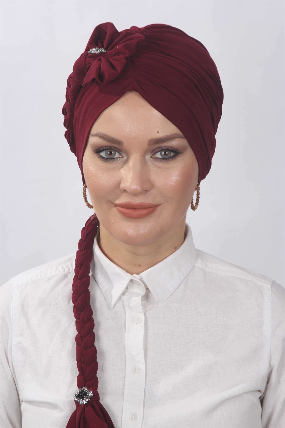 Çiçekli Örgülü Hazır Bone Bordo