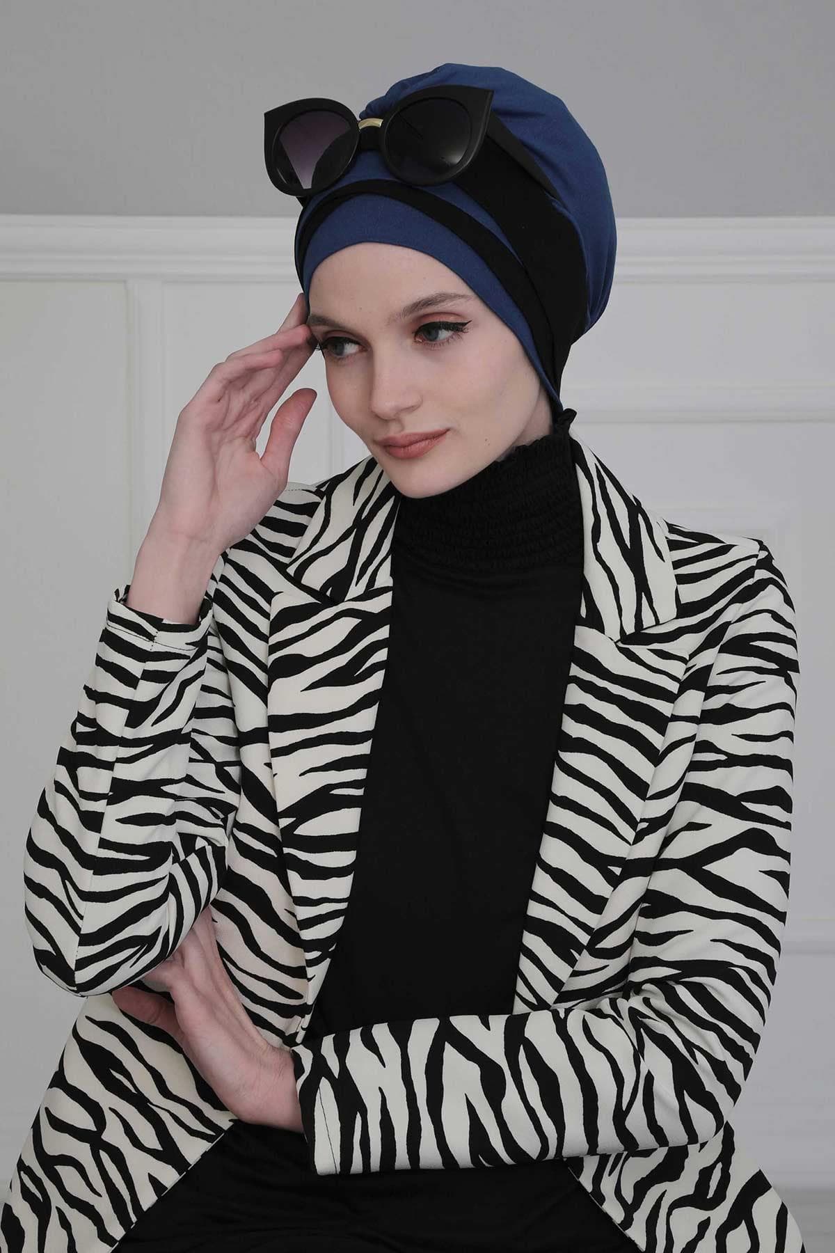 Çift Renkli Penye Bone,B-65 Saks - Siyah — görsel 1/2