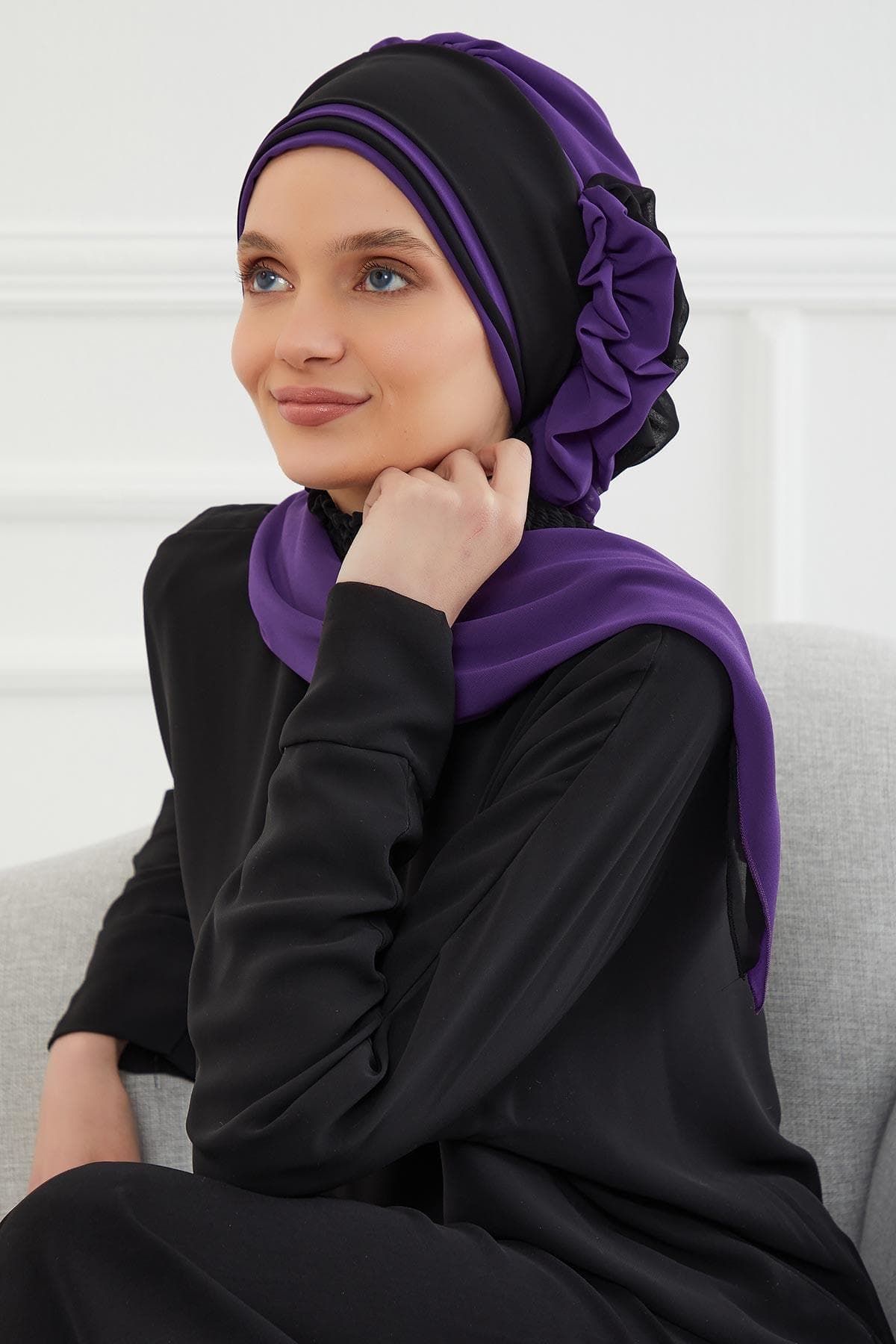 Çift Renkli Tasarım Şifon Hazır Türban,HT-86 Mor - Siyah — görsel 1/8