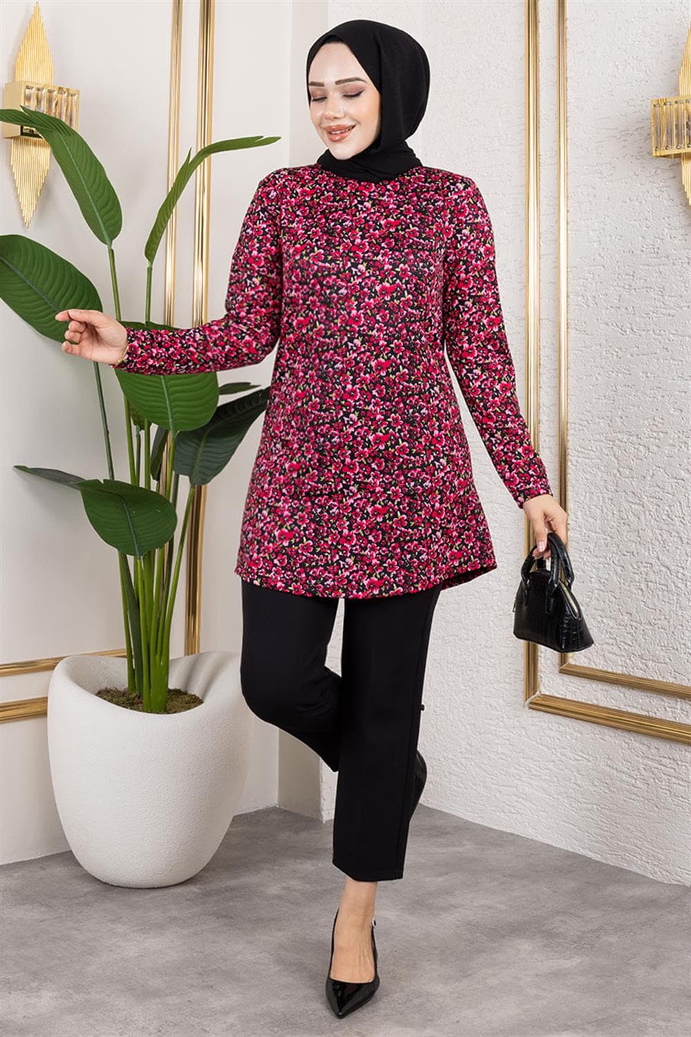 Desenli Tesettür Tunik BORDO — görsel 1/4