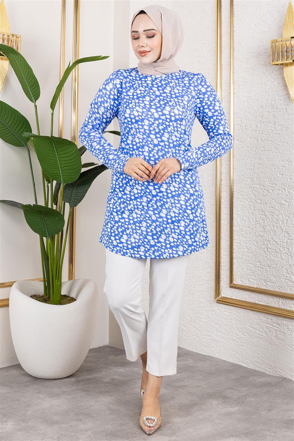 Desenli Tesettür Tunik SAKS MAVİSİ — görsel 1/4