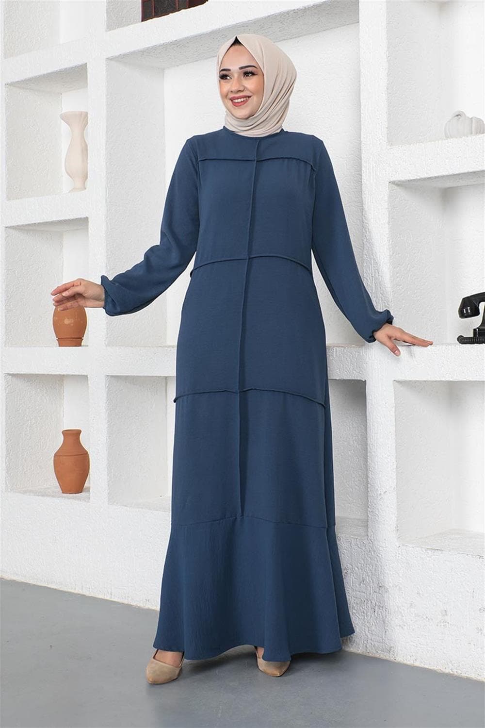 Dikiş Detaylı Model Elbise PETROL — görsel 1/5