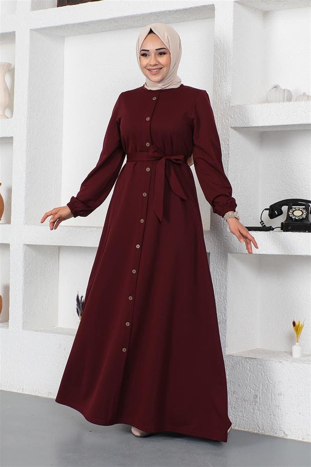 Düğme Detaylı Kemerli Elbise BORDO — görsel 1/5