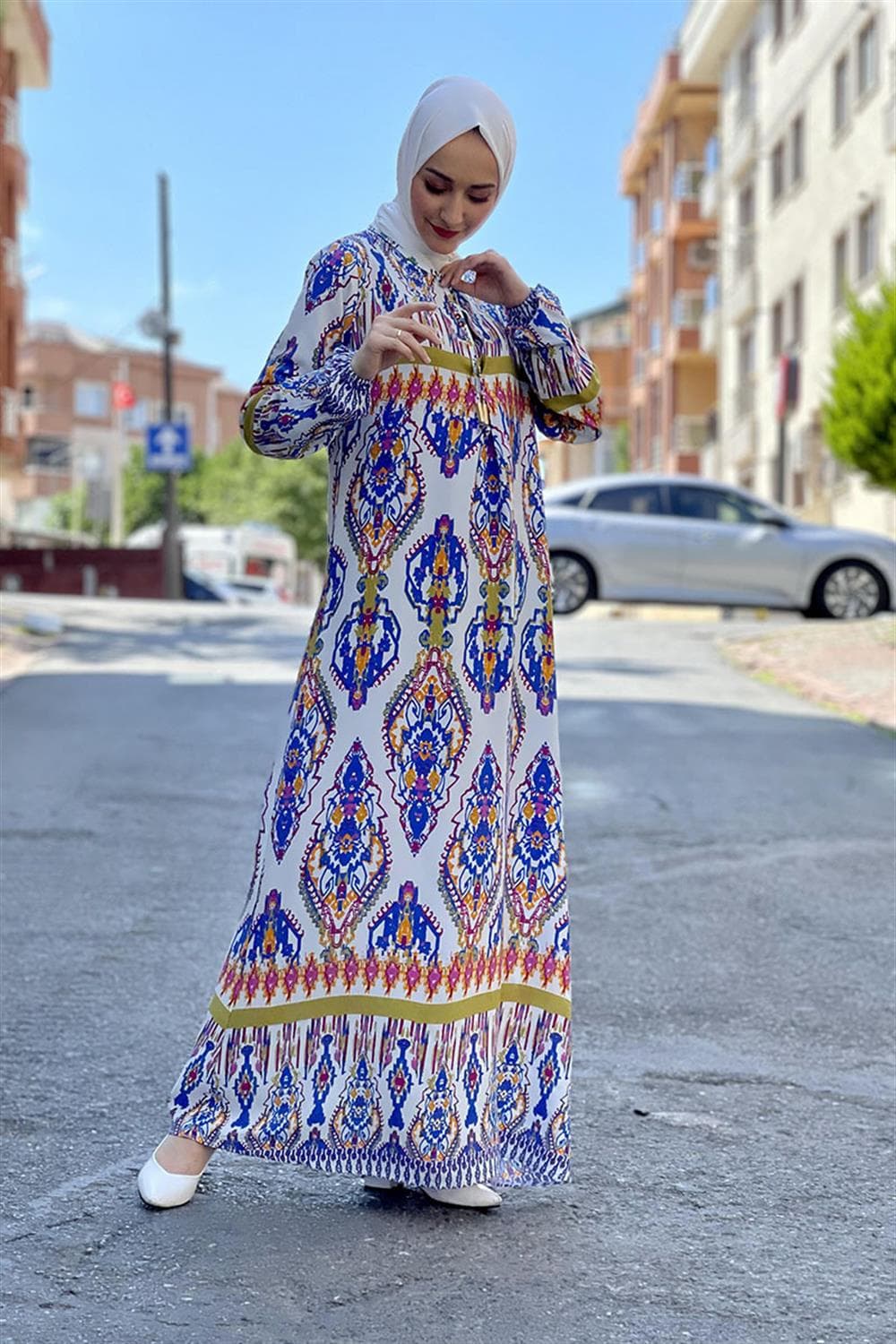 Etnik Desen Elbise SAKS MAVİSİ — görsel 1/5
