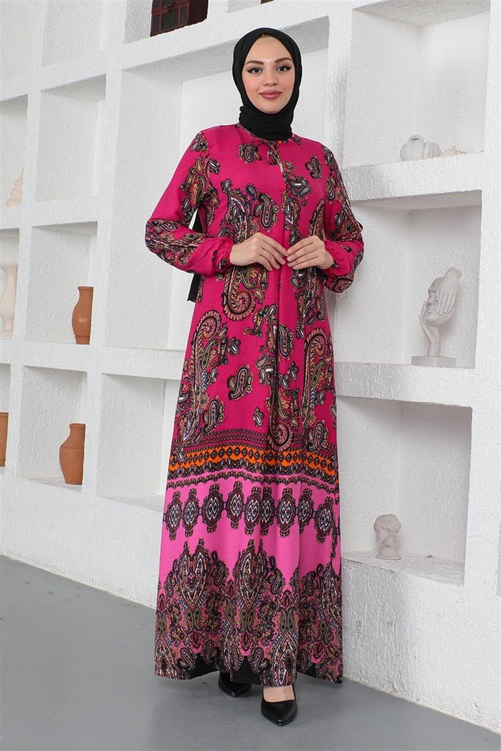 Etnik Desenli Model Tesettür Elbise PEMBE — görsel 1/5