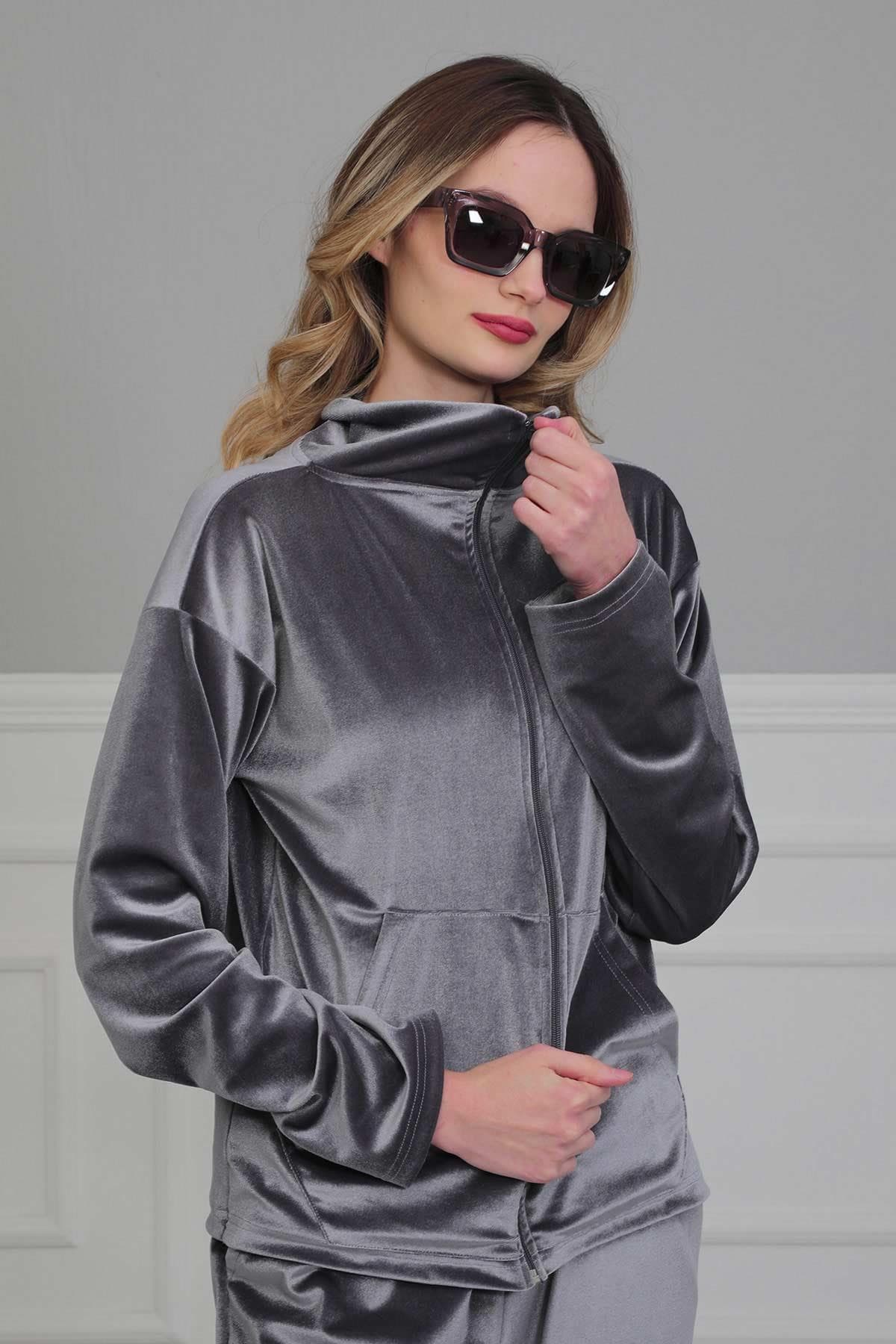 Fermuarlı Cep Detay Kadife Sweatshirt,SW-2 Gri — görsel 1/7