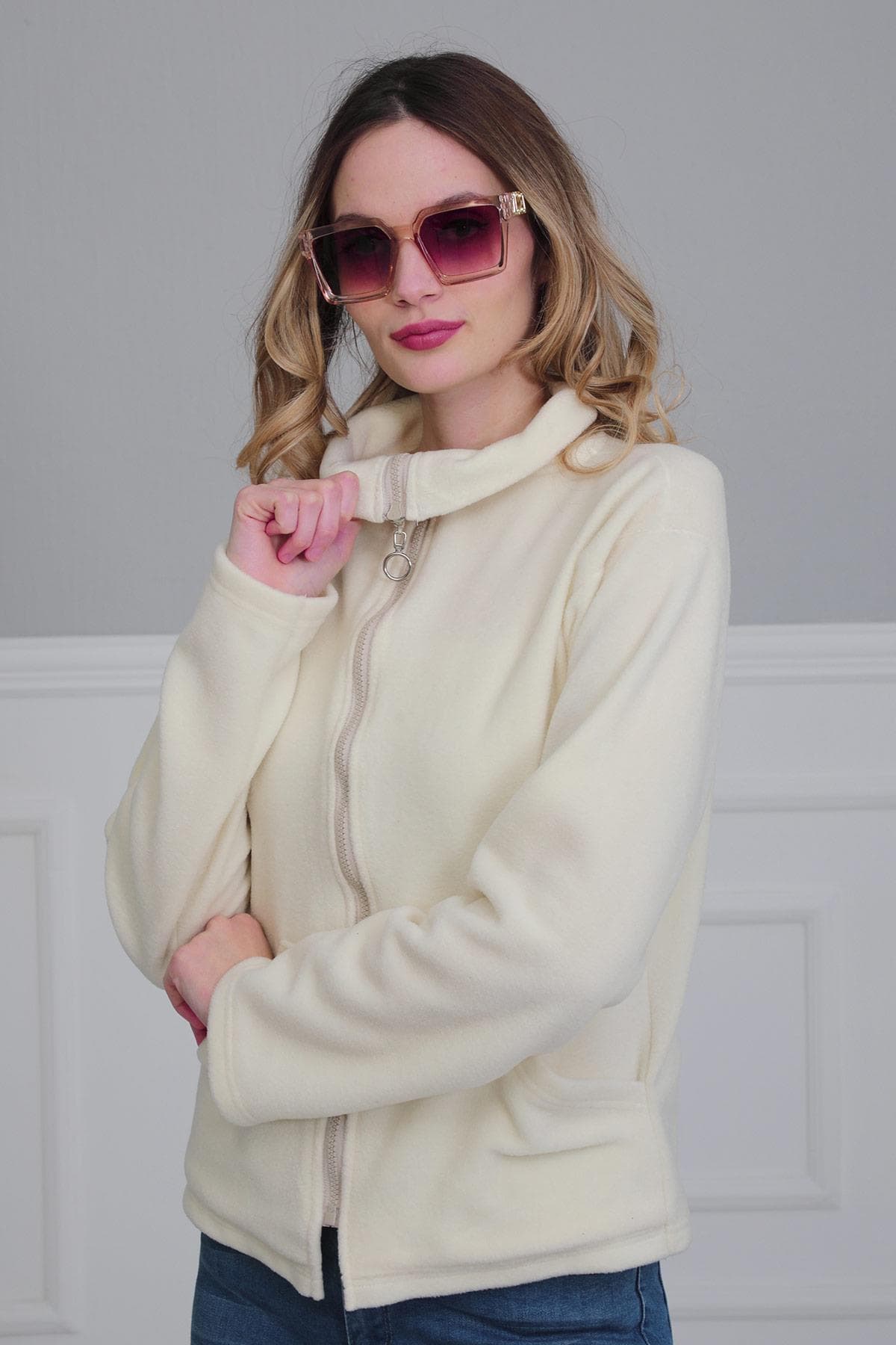 Fermuarlı Cepli Polar Sweatshirt,SW-4 Krem — görsel 1/7