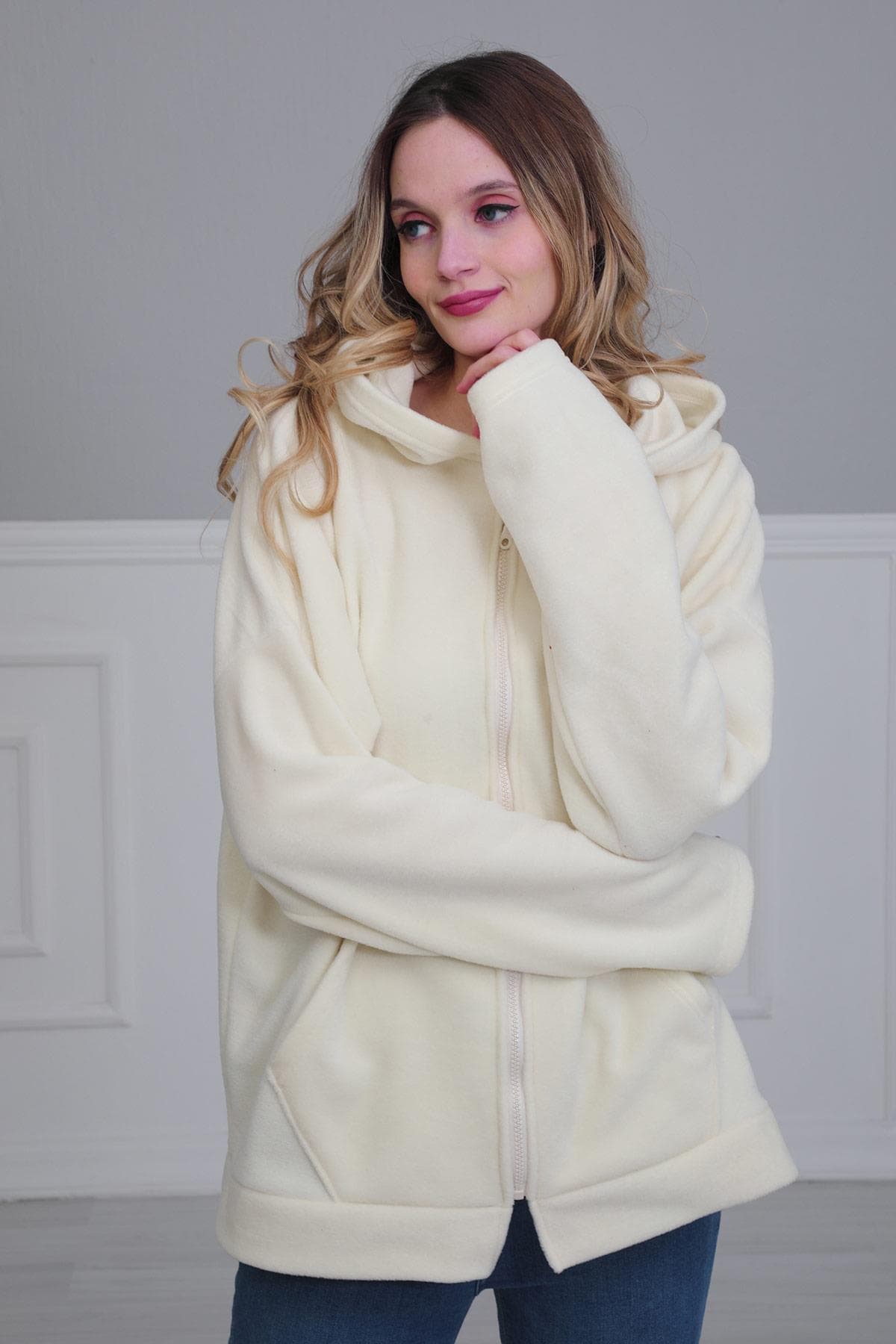 Kapüşonlu Fermuarlı Cepli Polar Sweatshirt,SW-3 Krem — görsel 1/4