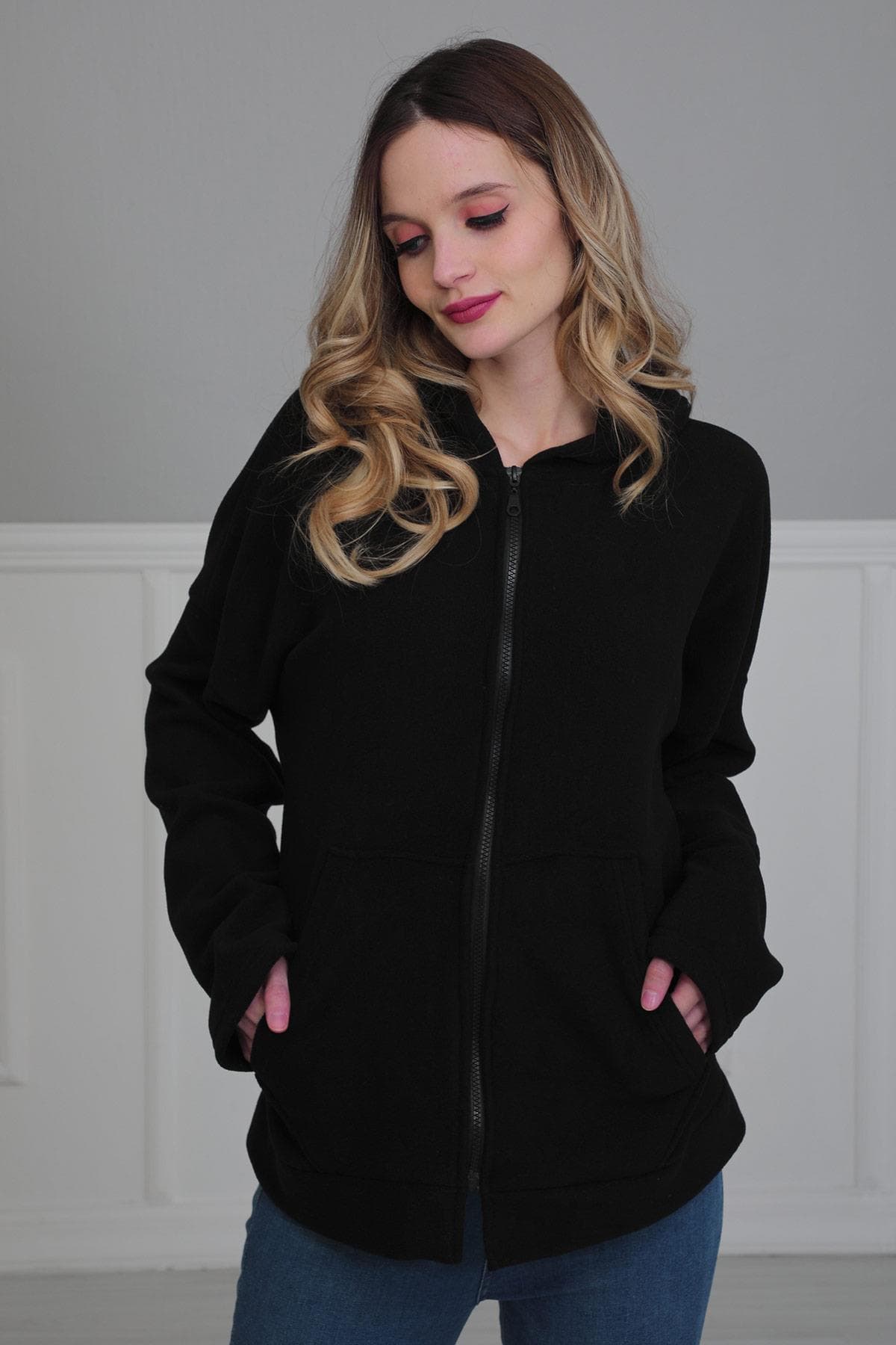Kapüşonlu Fermuarlı Cepli Polar Sweatshirt,SW-3 Siyah — görsel 1/6