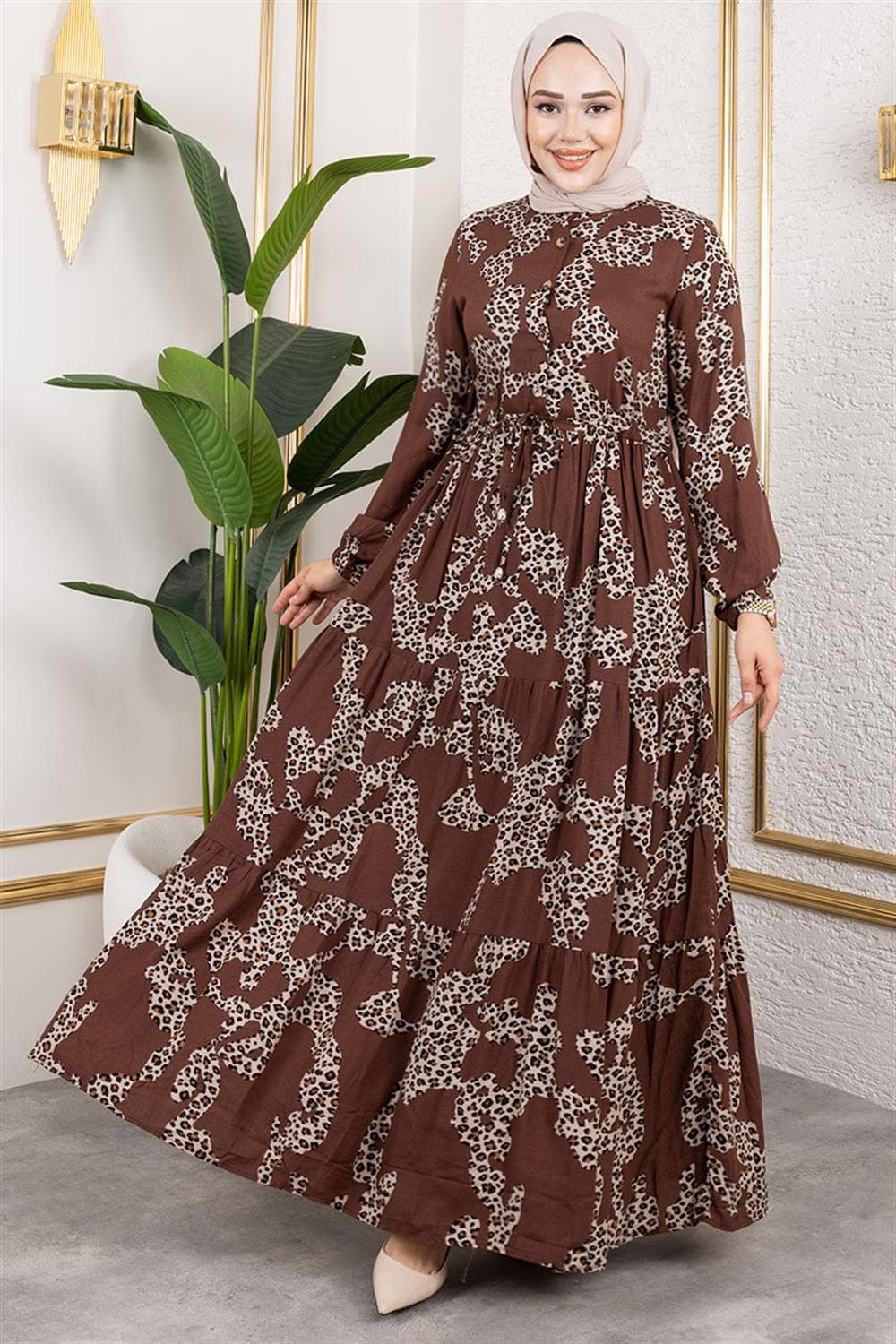 Leopar Desenli Viskon Elbise KAHVERENGİ — görsel 1/4