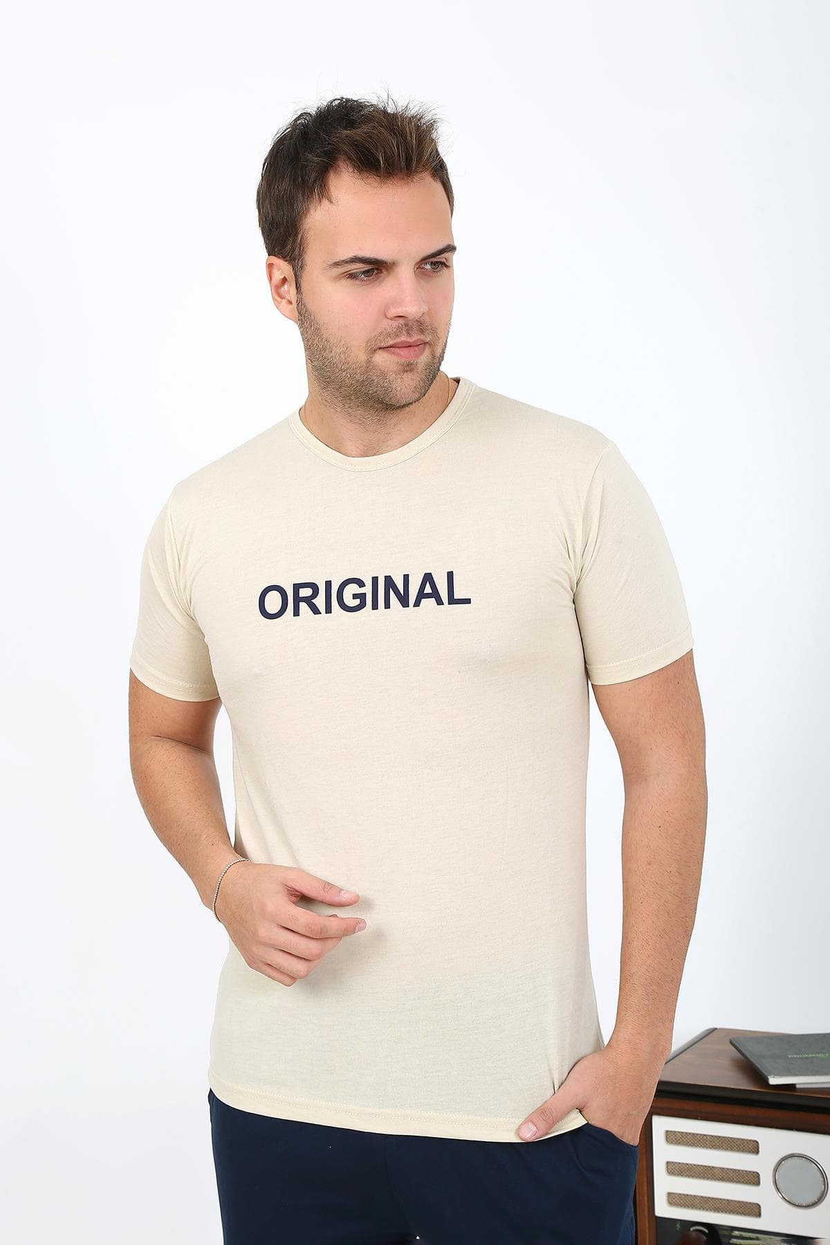 Erkek Kısa Kol Penye Pijama Takımı 6867 Krem — görsel 1/6