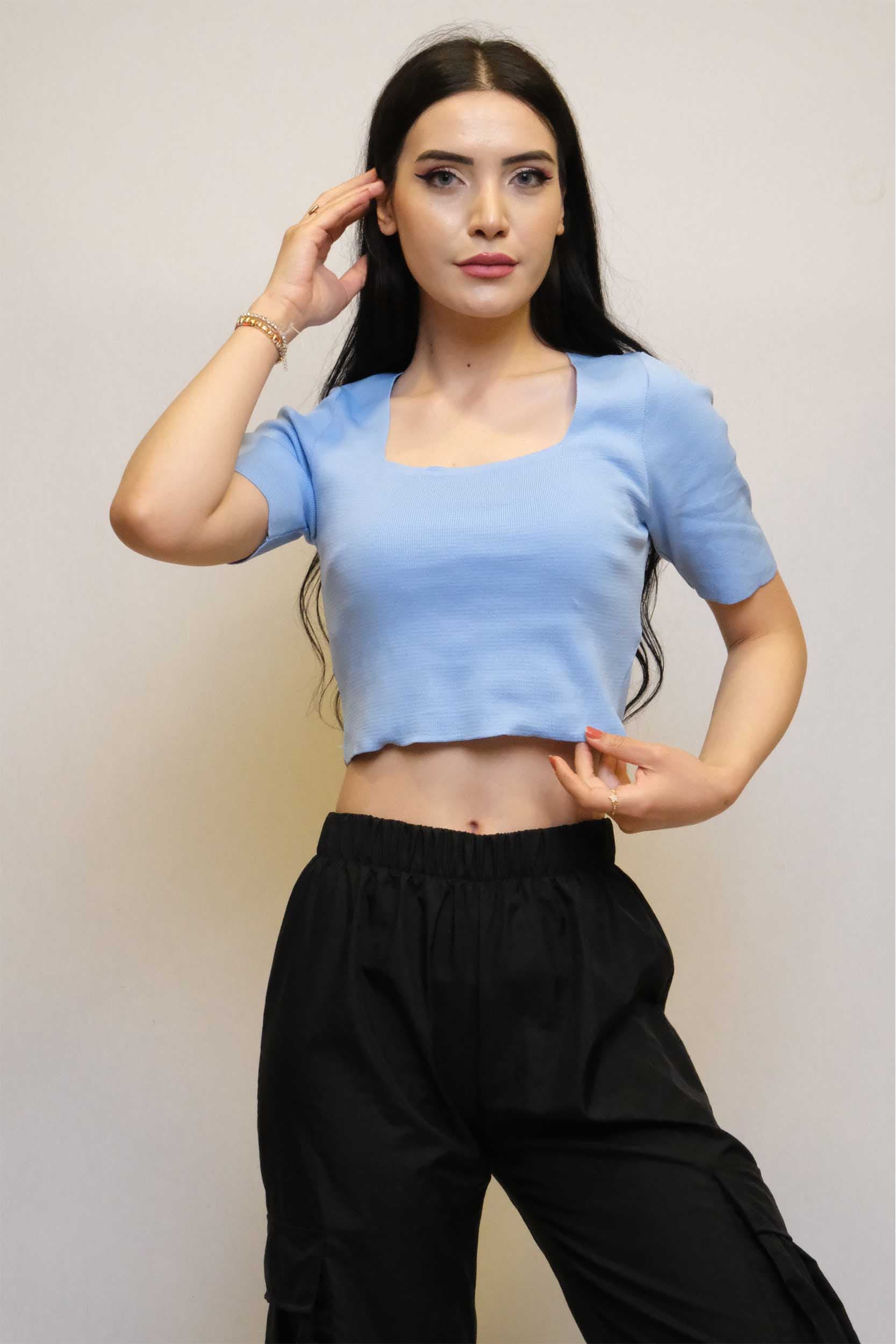 Kare Yaka Triko Crop Mavi