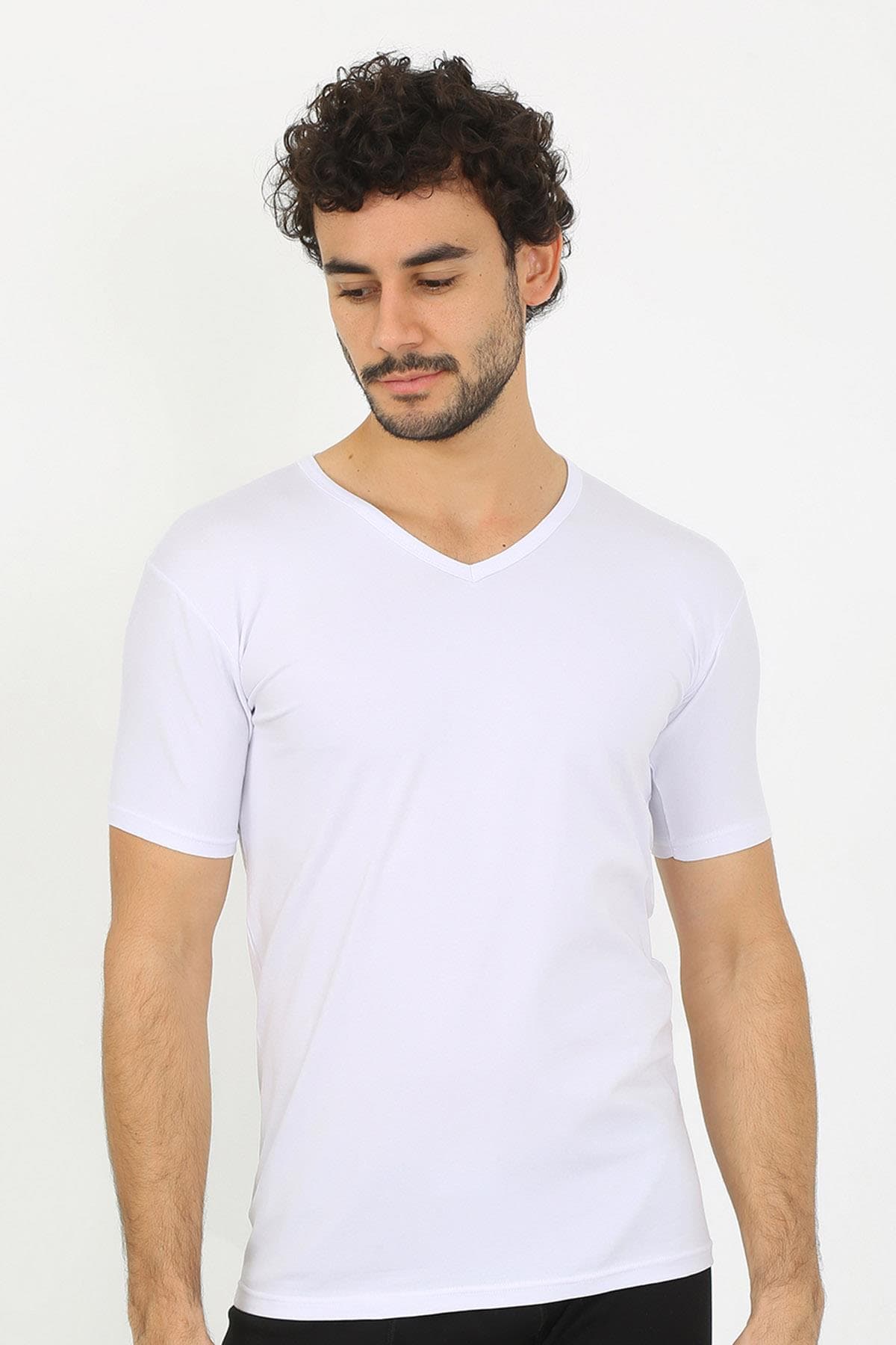 Erkek Likralı V Yaka Beyaz T-Shirt 65700 — görsel 1/6