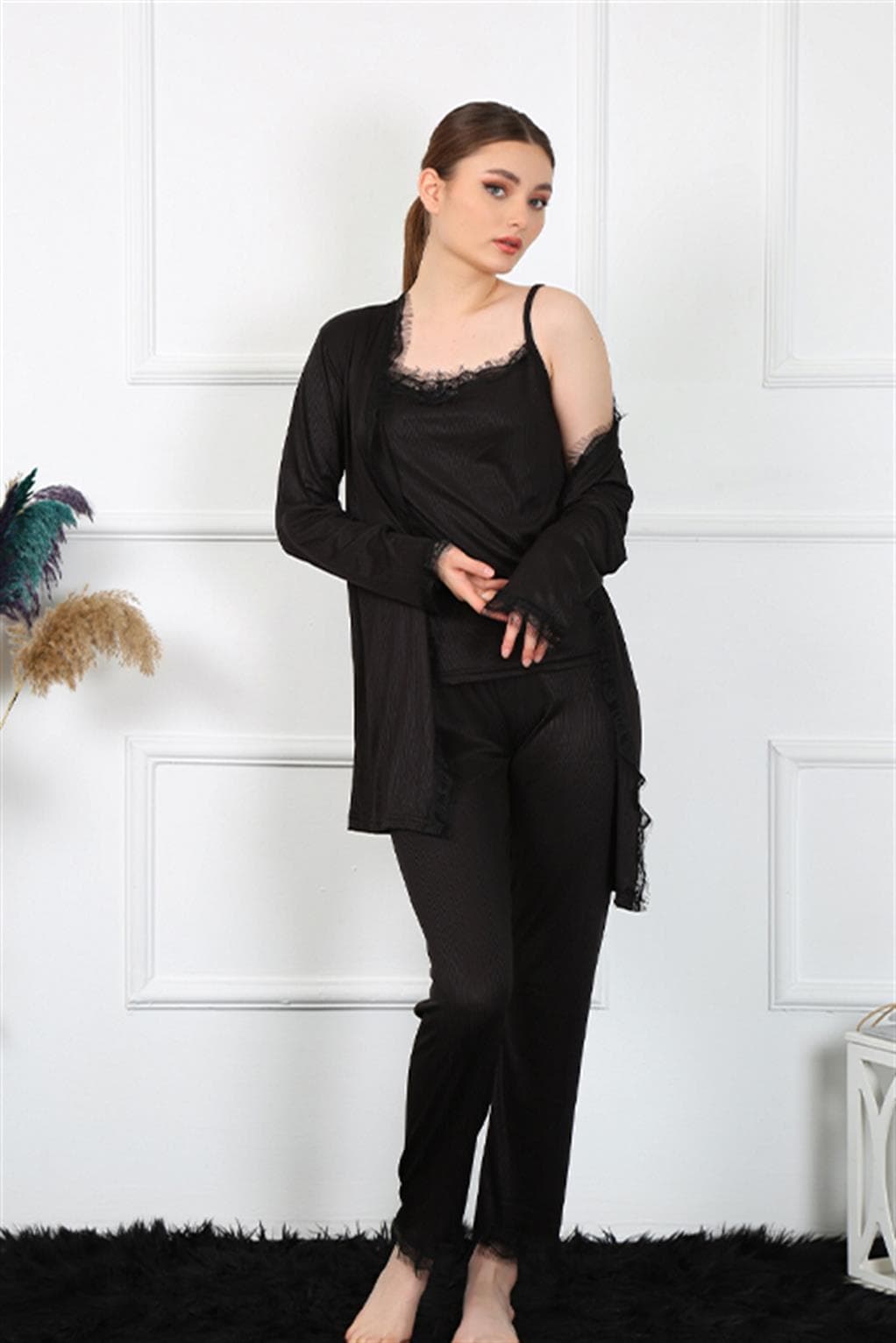 Kadın 3'lü Siyah Sabahlık Takım 16108 — görsel 1/5