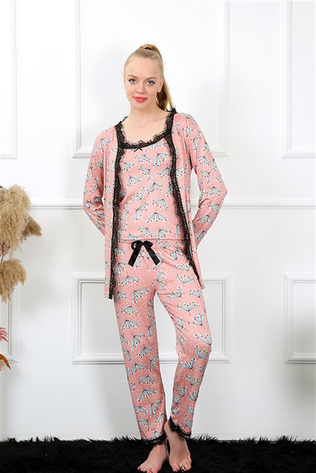 Kadın 3'lü Somon Sabahlık Pijama Takım 16103 — görsel 1/4