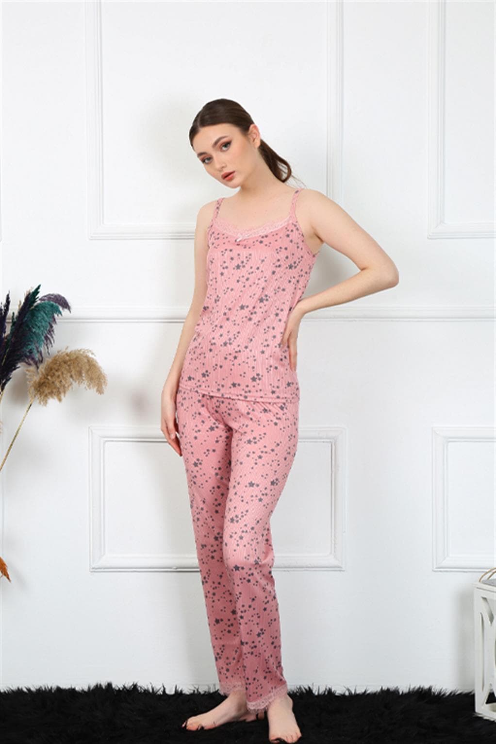Kadın İp Askılı Pudra Pijama Takım 4137