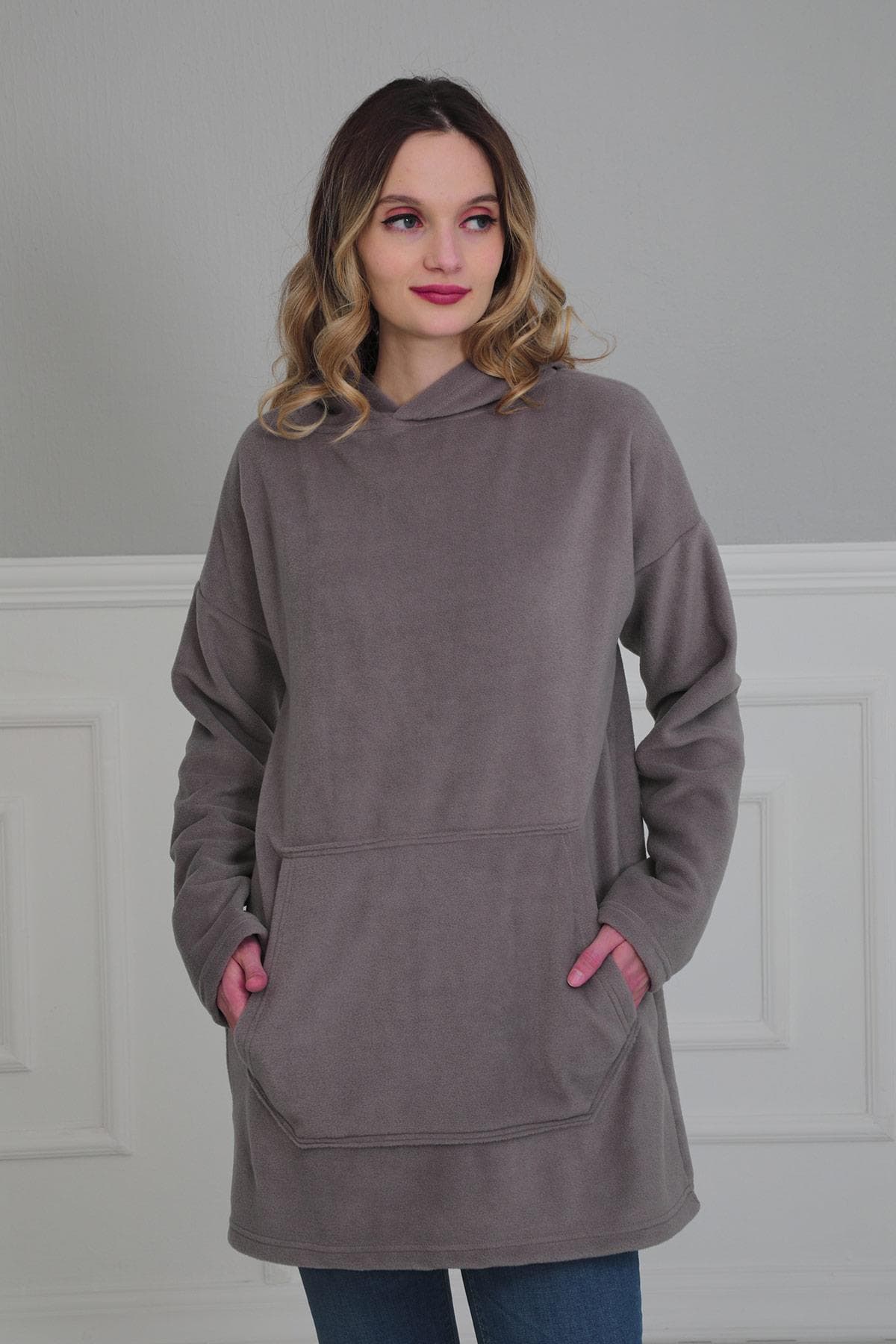 Önden Cepli Polar Sweatshirt,SW-1PL Gri