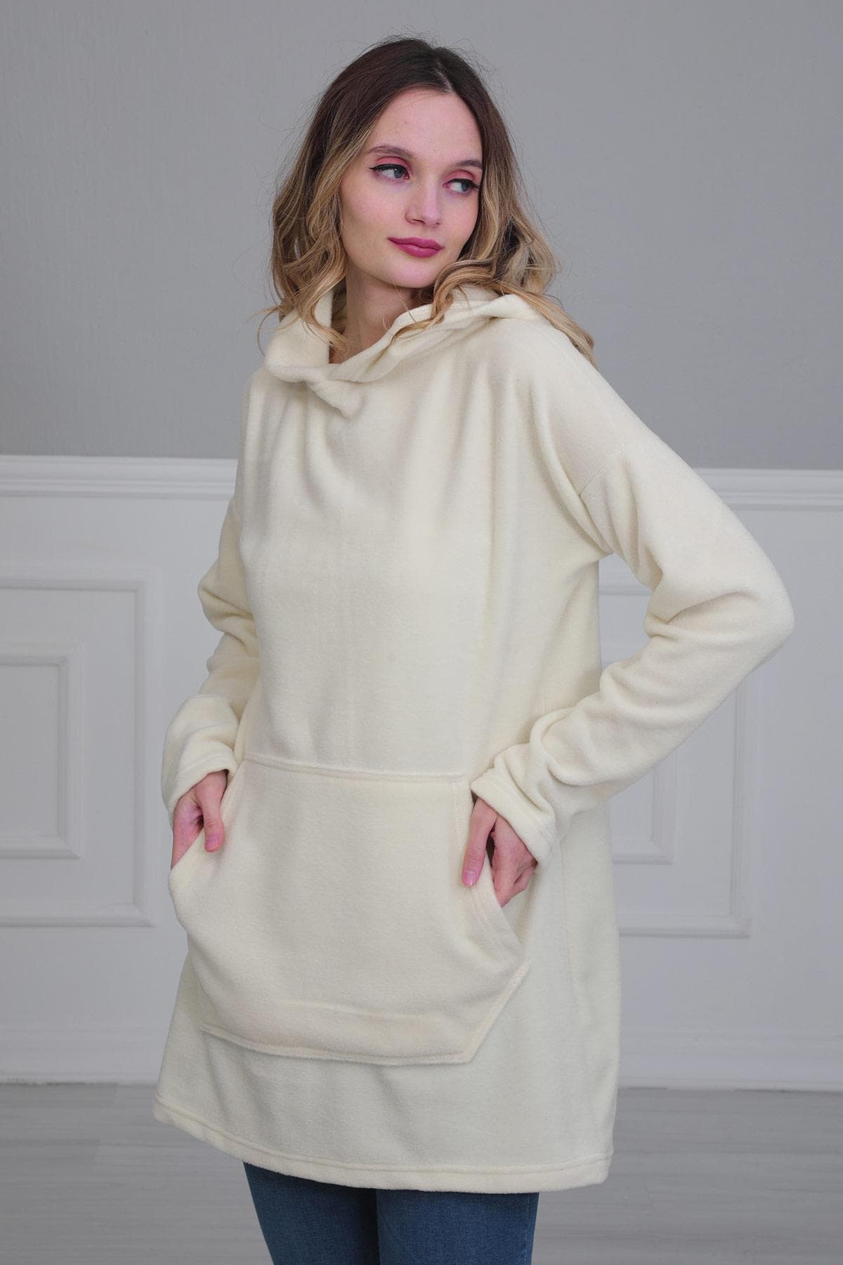Önden Cepli Polar Sweatshirt,SW-1PL Krem — görsel 1/6