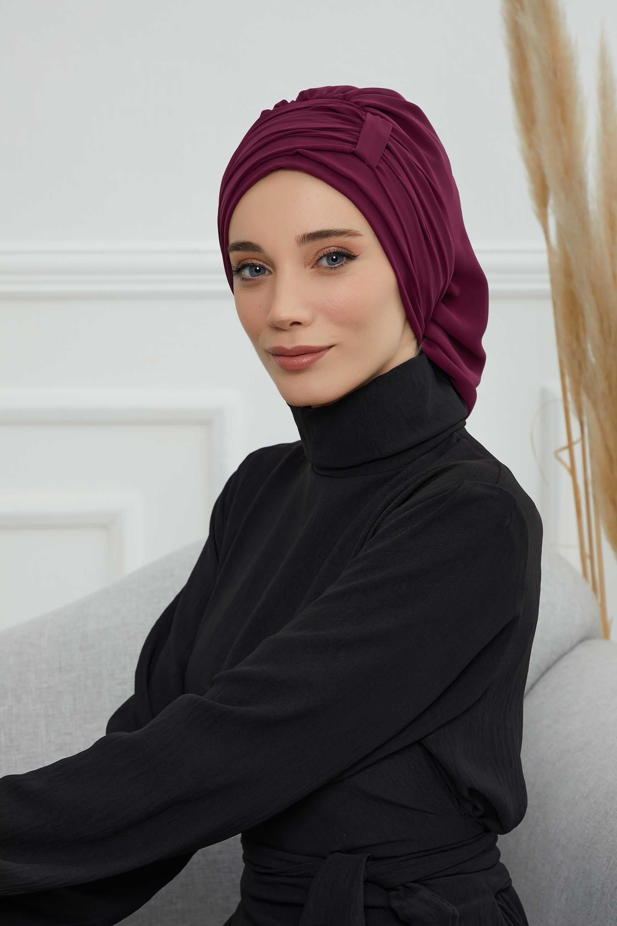 Pileli Tasarım Şifon Hazır Türban,HT-107,HT-107 Mürdüm — görsel 1/6