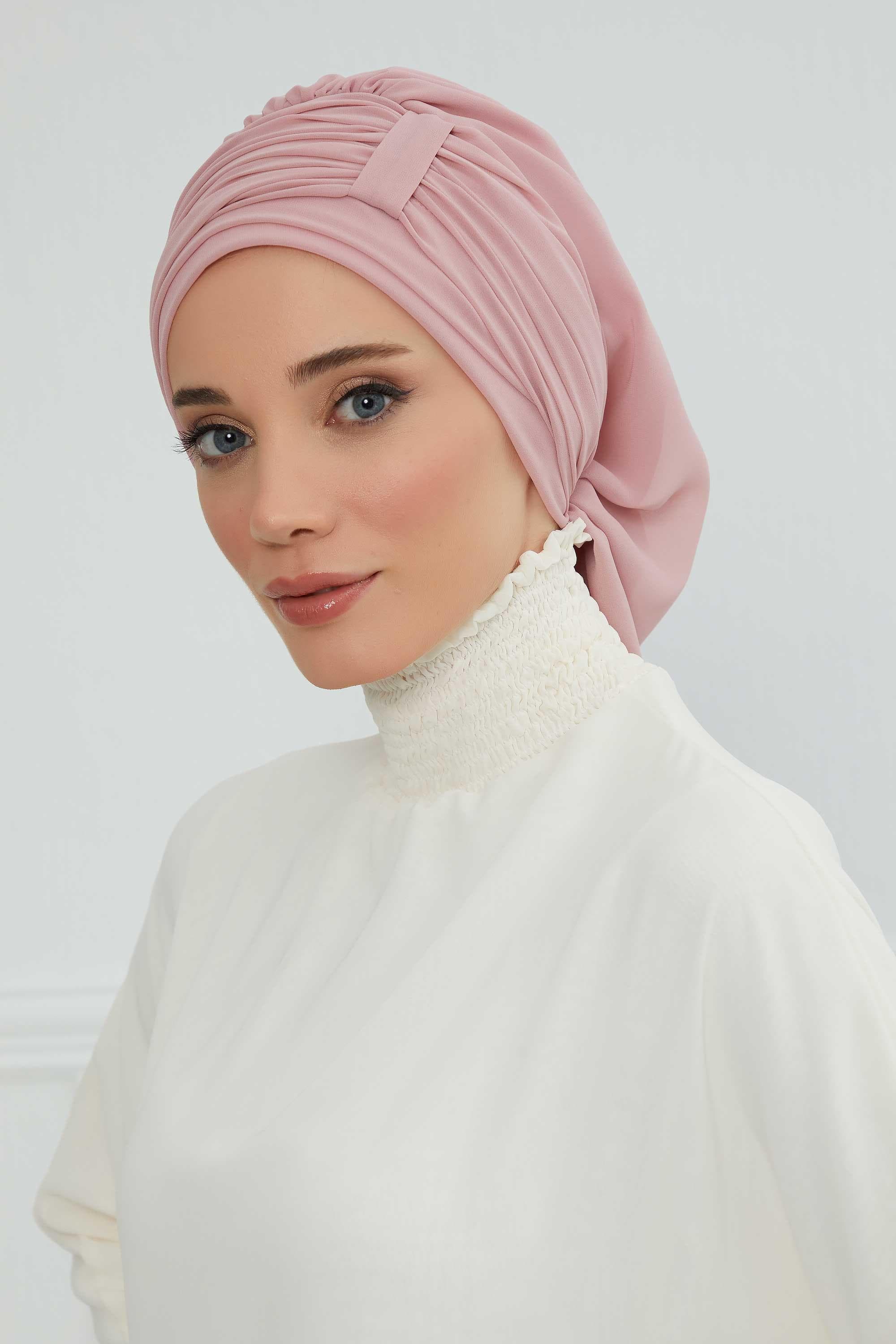 Pileli Tasarım Şifon Hazır Türban,HT-107,HT-107 Pudra — görsel 1/8