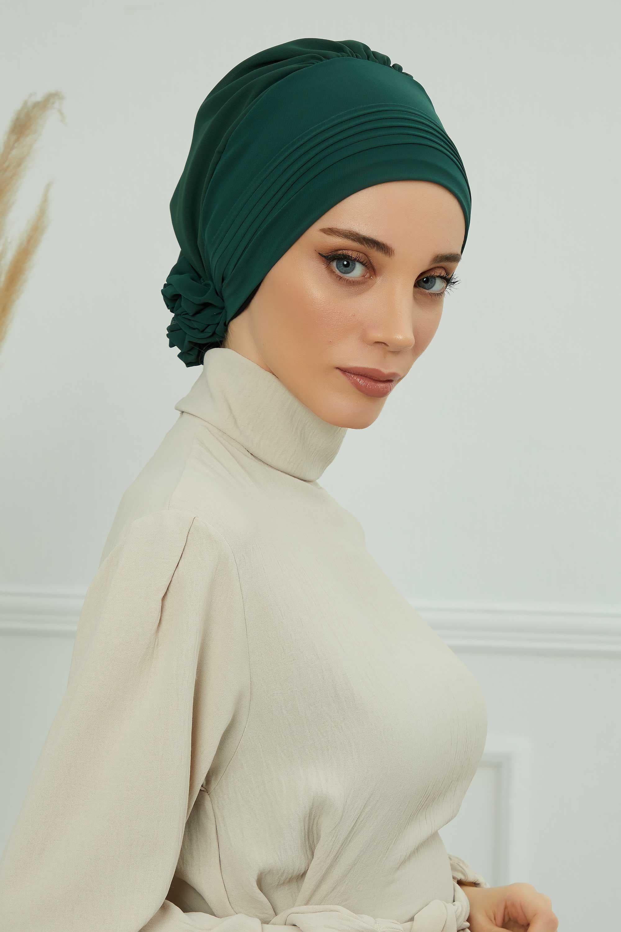 Pileli Tasarım Şifon Hazır Türban,HT-31,HT-31 Koyu Yeşil — görsel 1/7