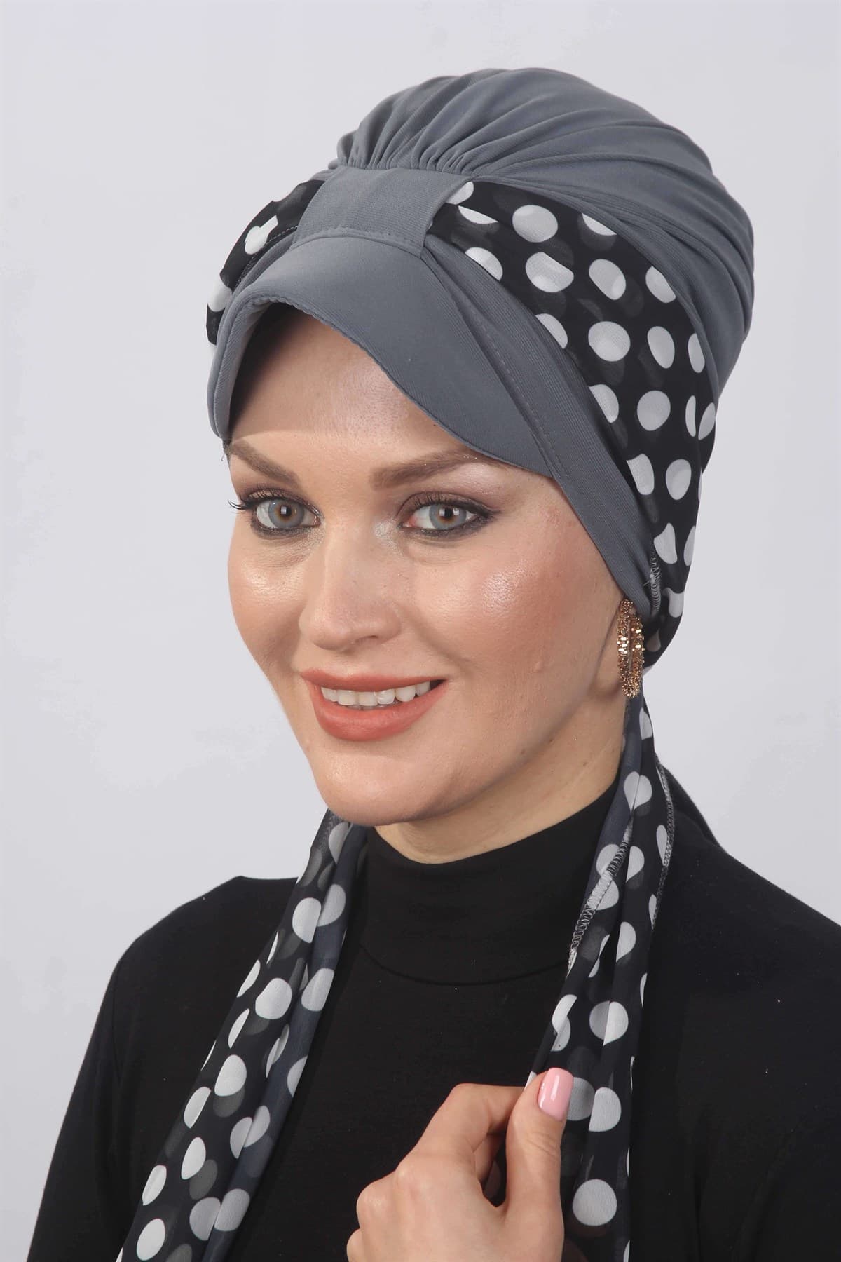 Puantiyeli Fularlı Şapka Bone Gri — görsel 1/1