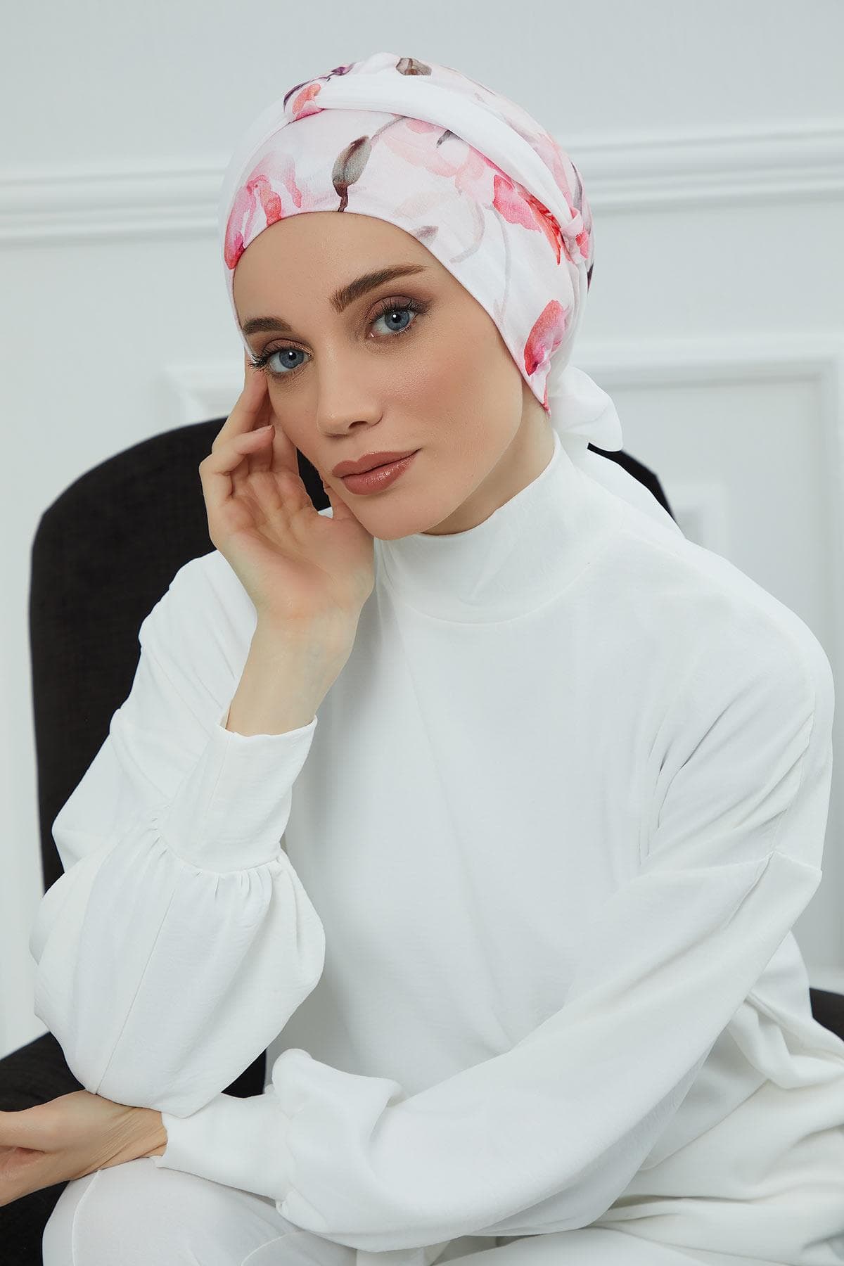 Şifon Kuşaklı Desenli Penye Bone,B-24YD Desen 26 - Beyaz — görsel 1/6