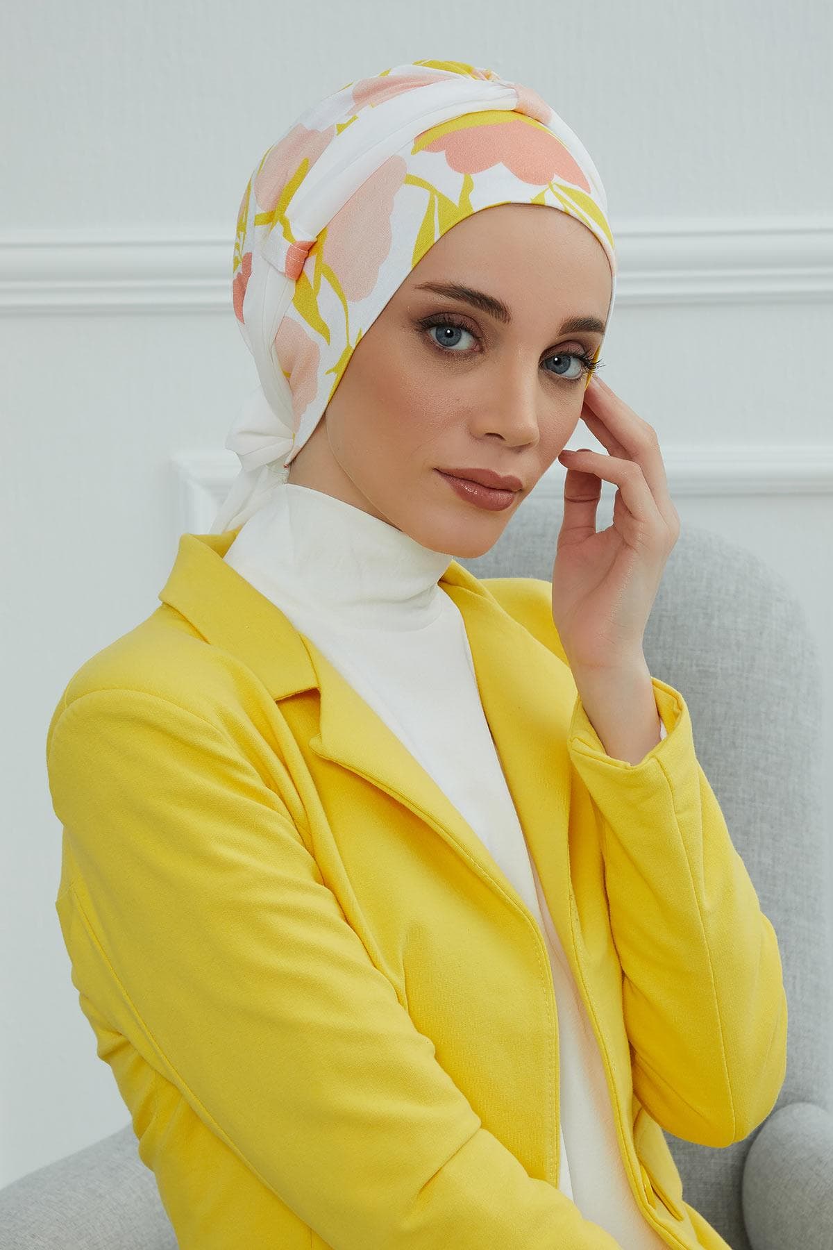 Şifon Kuşaklı Desenli Penye Bone,B-24YD Desen 31 - Beyaz — görsel 1/5