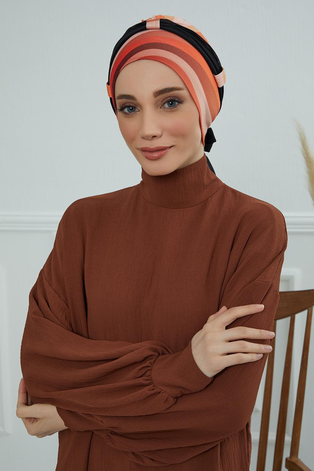 Şifon Kuşaklı Desenli Penye Bone,B-24YD Desen 35 - Siyah — görsel 1/5