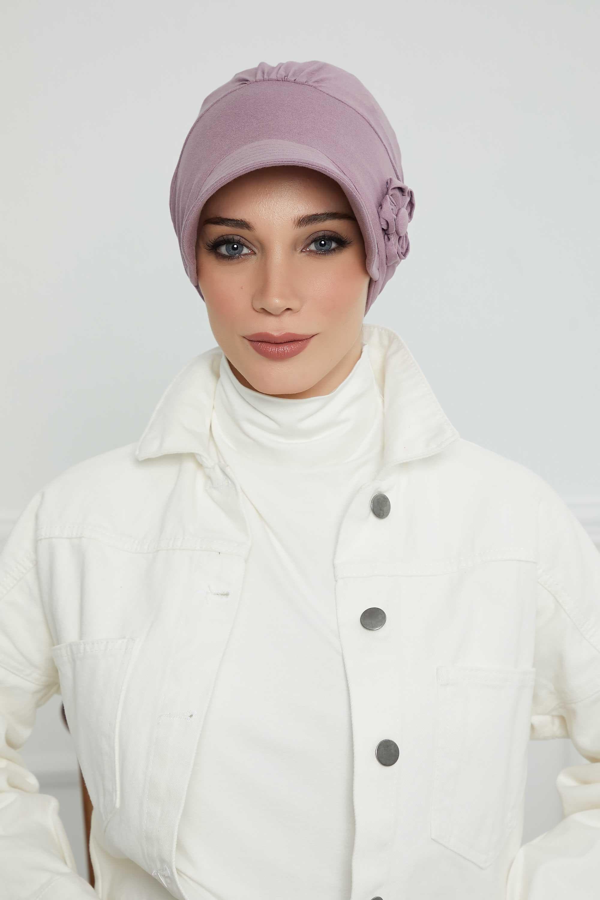 Siperlikli Çiçek Aksesuarlı Şapka Bone,B-72 Lila — görsel 1/6