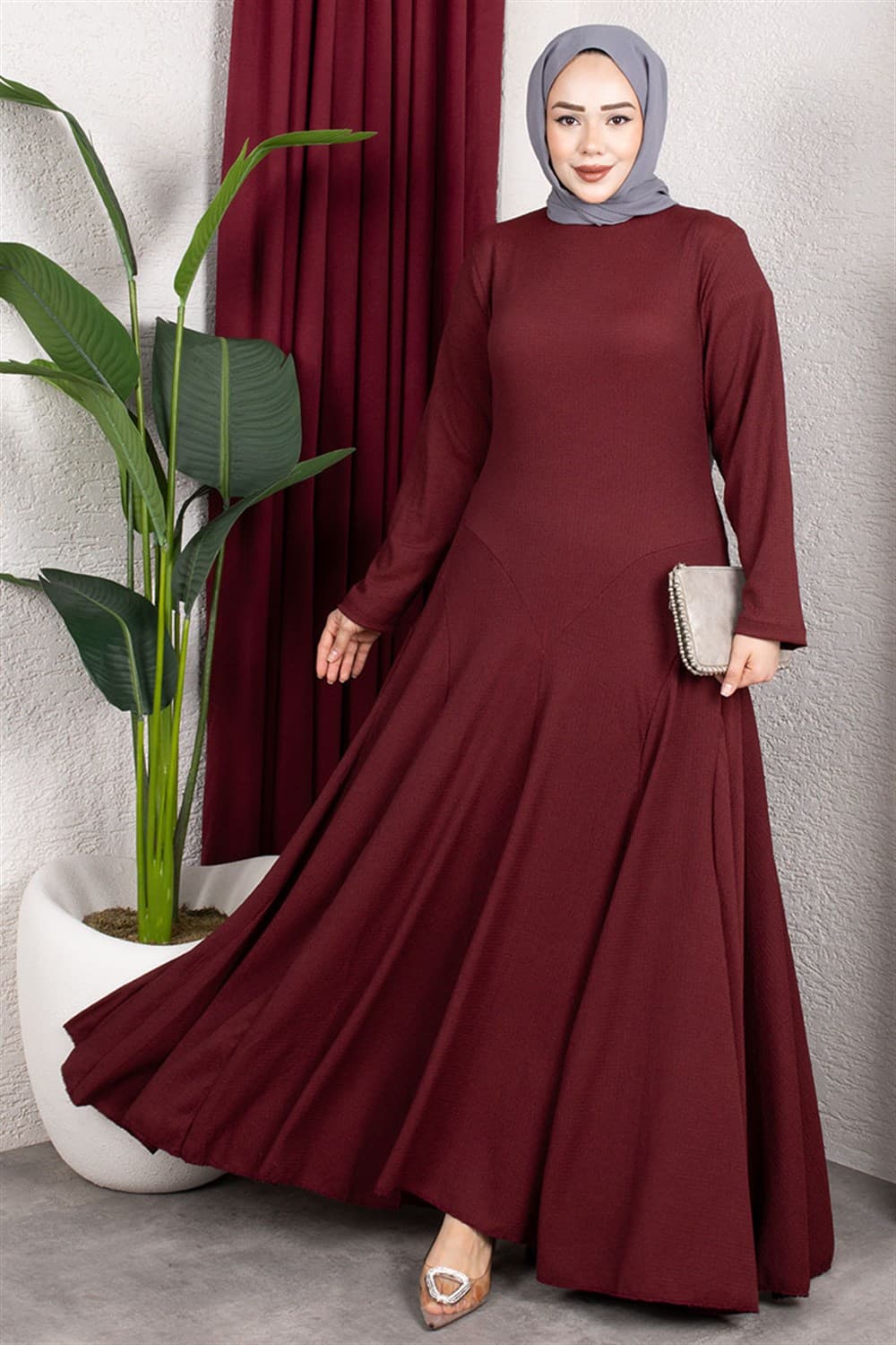 Volan Detaylı Bürümcük Elbise BORDO — görsel 1/4
