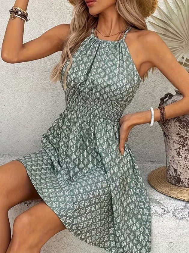 Kadın Omuzlardan Açık Boyun Arkasından Bağcıklı Beli Lastikli Kısa Süprem Elbise — görsel 1/7