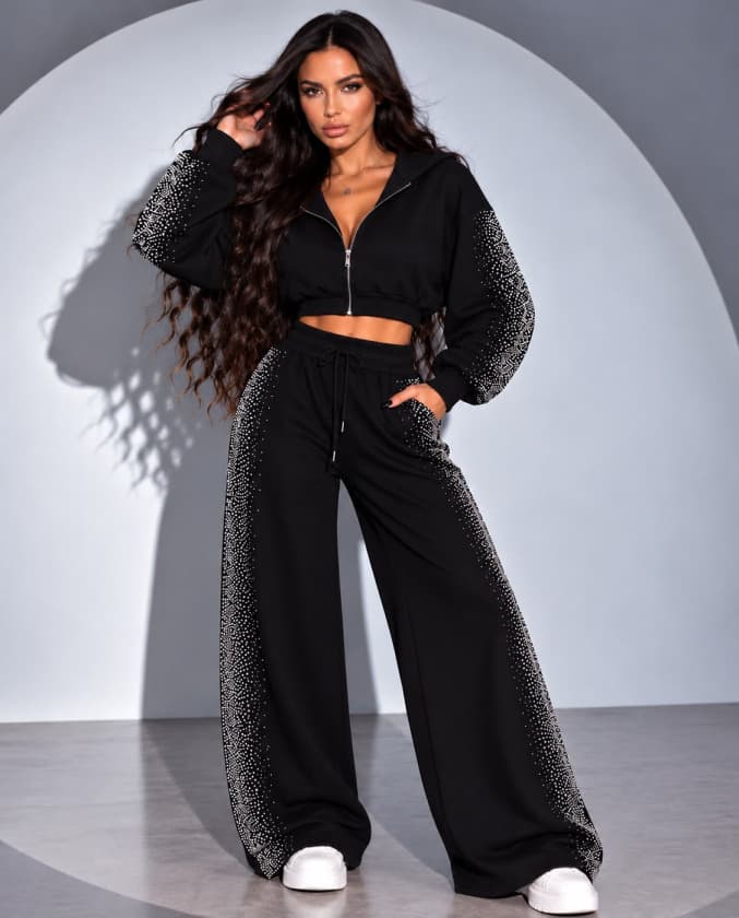 Kadın Taş Baskı Detaylı Fermuarlı Crop Sweatshirt Ve Geniş Paça Eşofman Takımı — görsel 1/2