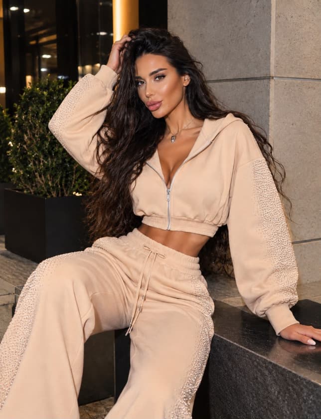 Kadın Taş Baskı Detaylı Fermuarlı Crop Sweatshirt Ve Geniş Paça Eşofman Takımı — görsel 1/2