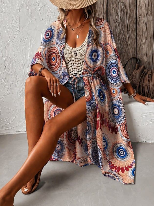 Kadın Kısa Kollu önü Açık Belden Kuşaklı Uzun Kimono — görsel 1/6