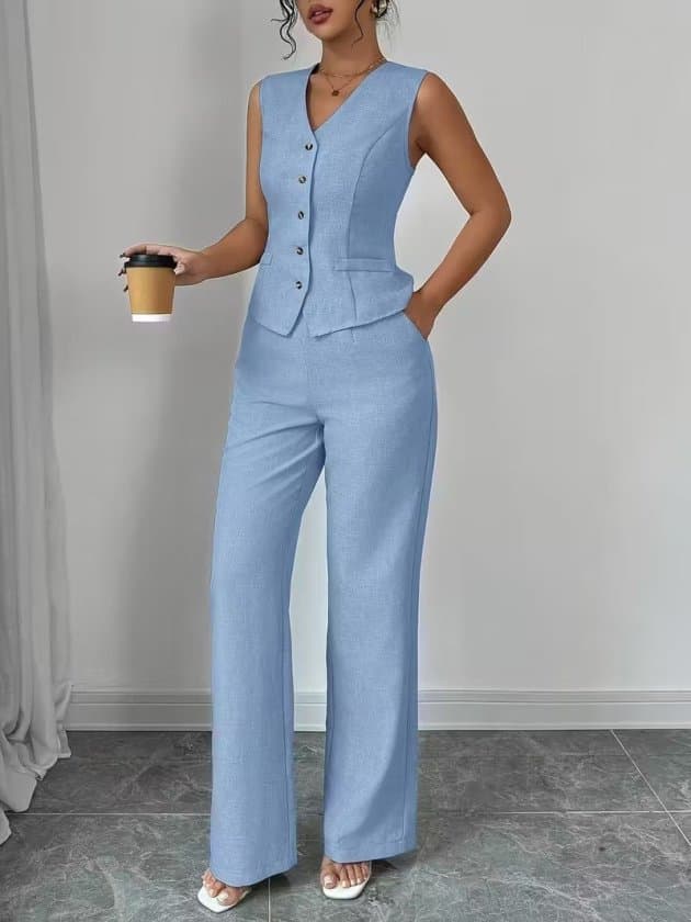 Kadın Askılı önden Düğmeli Bluz Ve Pantolon Keten Ikili Takım — görsel 1/1