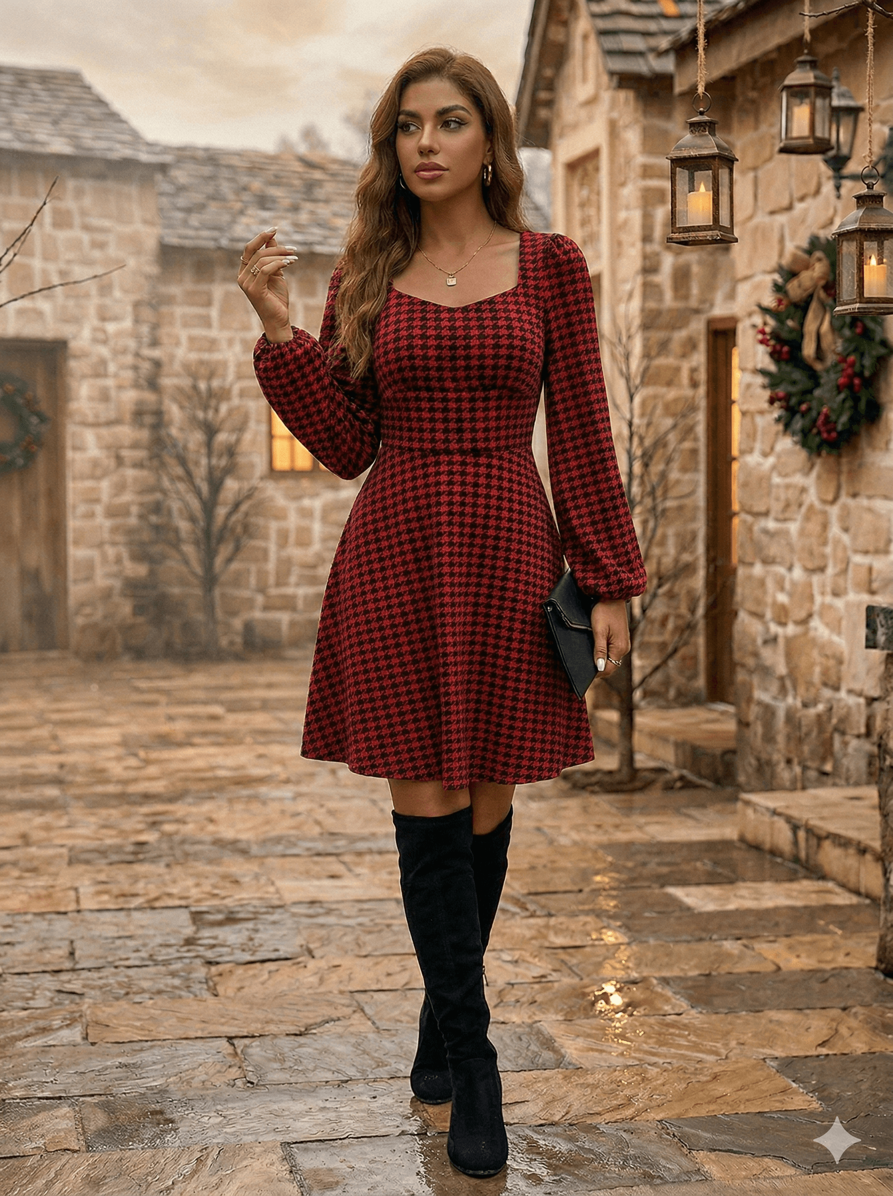 Kadın Uzun Kollu Kare Kalp Yakalı Mini Modal Elbise — görsel 1/4
