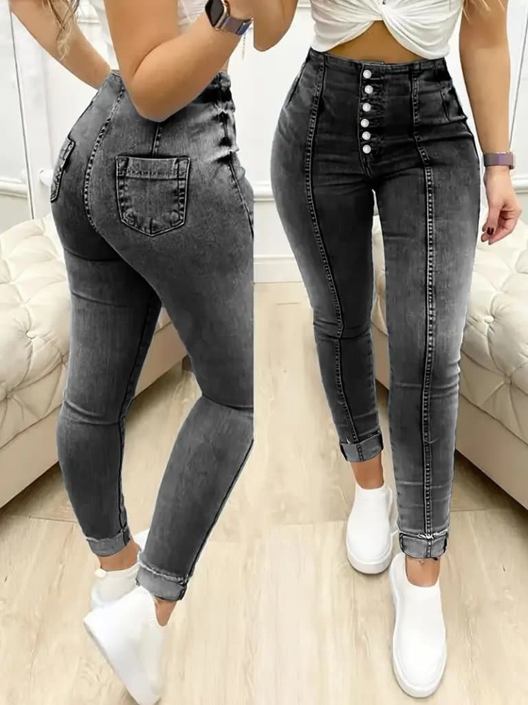 Kadın Yüksek Bel önden Düğmeli Jean Pantolon — görsel 1/5