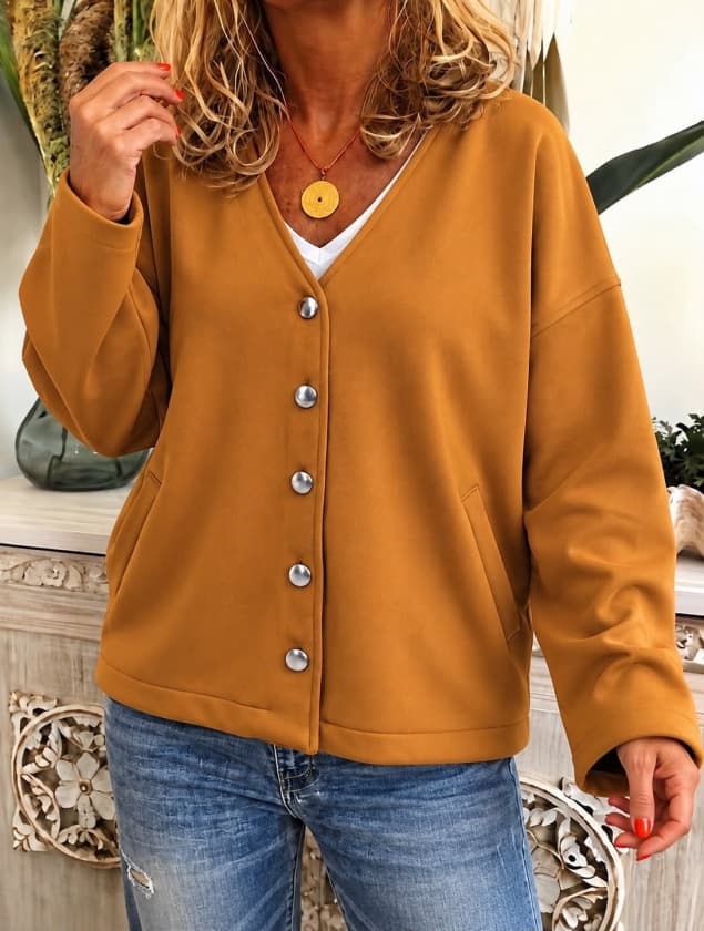 Kadın Düğme Detaylı V Yaka Oversize Camel Ceket / Hırka — görsel 1/2
