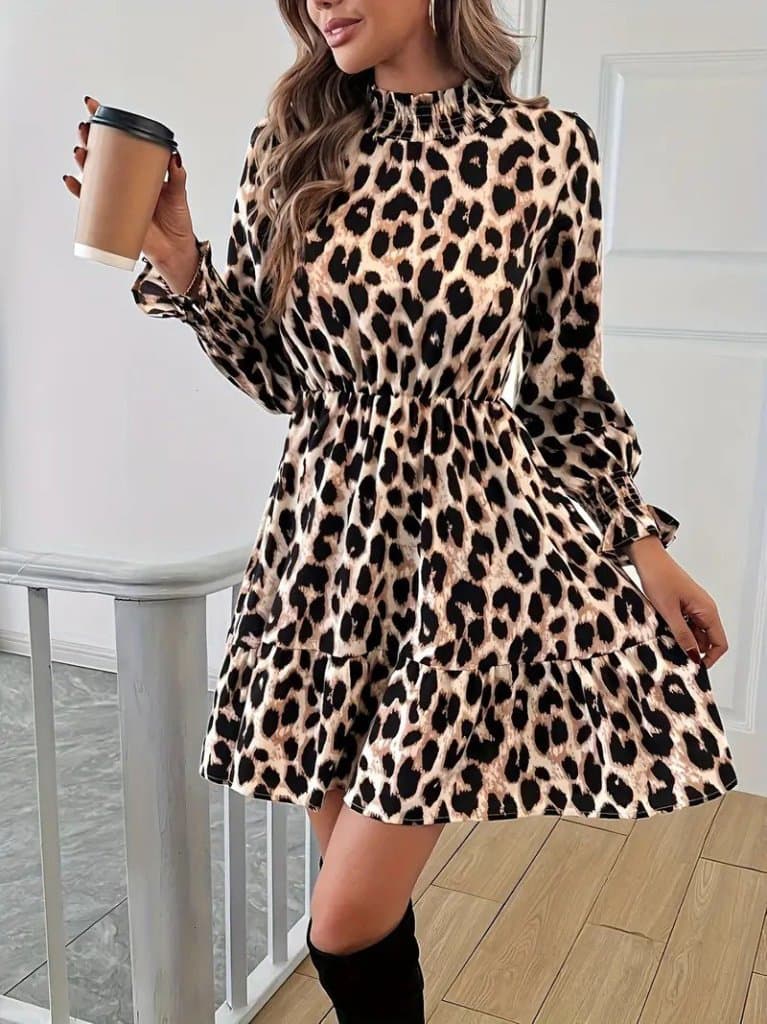 Kadın Uzun Kollu Yarı Balıkçı Yaka Leopar Desenli Modal Mini Elbise — görsel 1/8