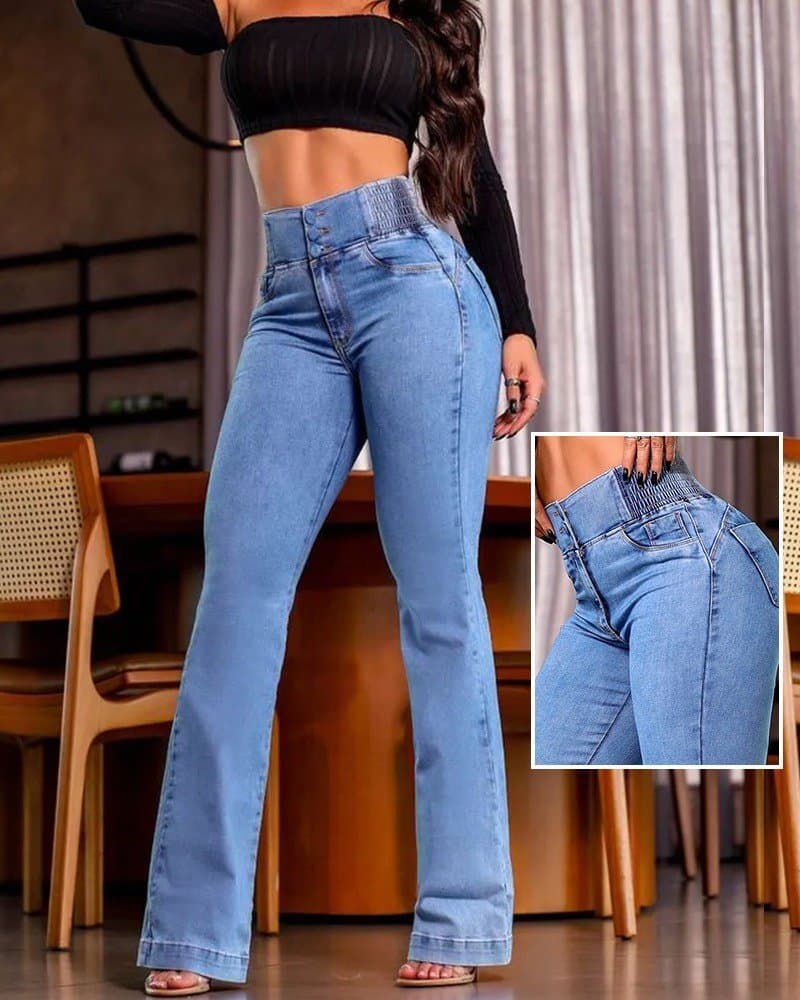 Kadın Yüksek Bel Yanları Lastik önü Düğmeli Kot Pantolon — görsel 1/13