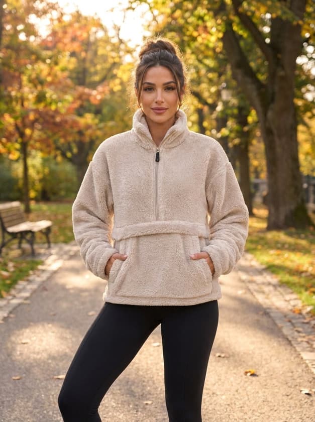 Kadın Yarım Fermuarlı Kanguru Cepli Peluş Wellsoft Sweatshirt — görsel 1/2