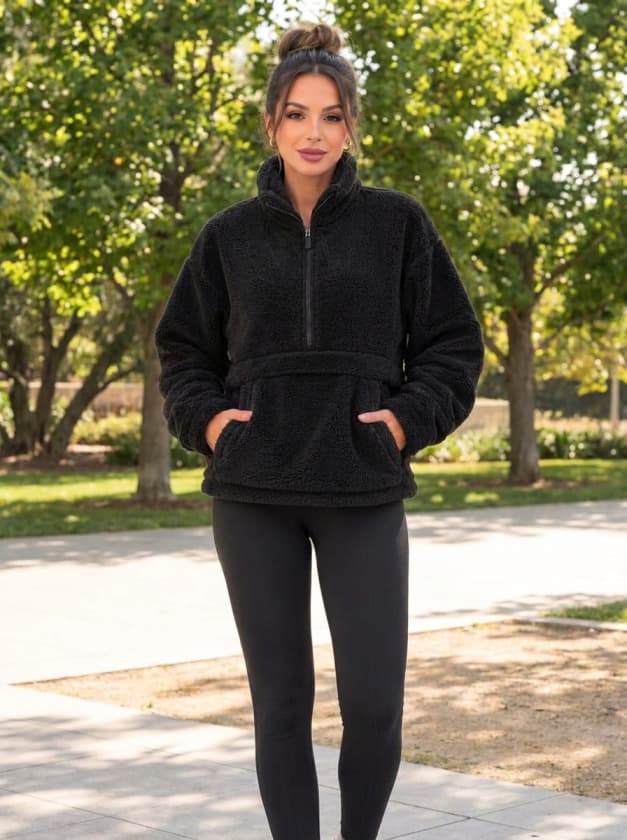 Kadın Yarım Fermuarlı Kanguru Cepli Peluş Wellsoft Sweatshirt — görsel 1/2