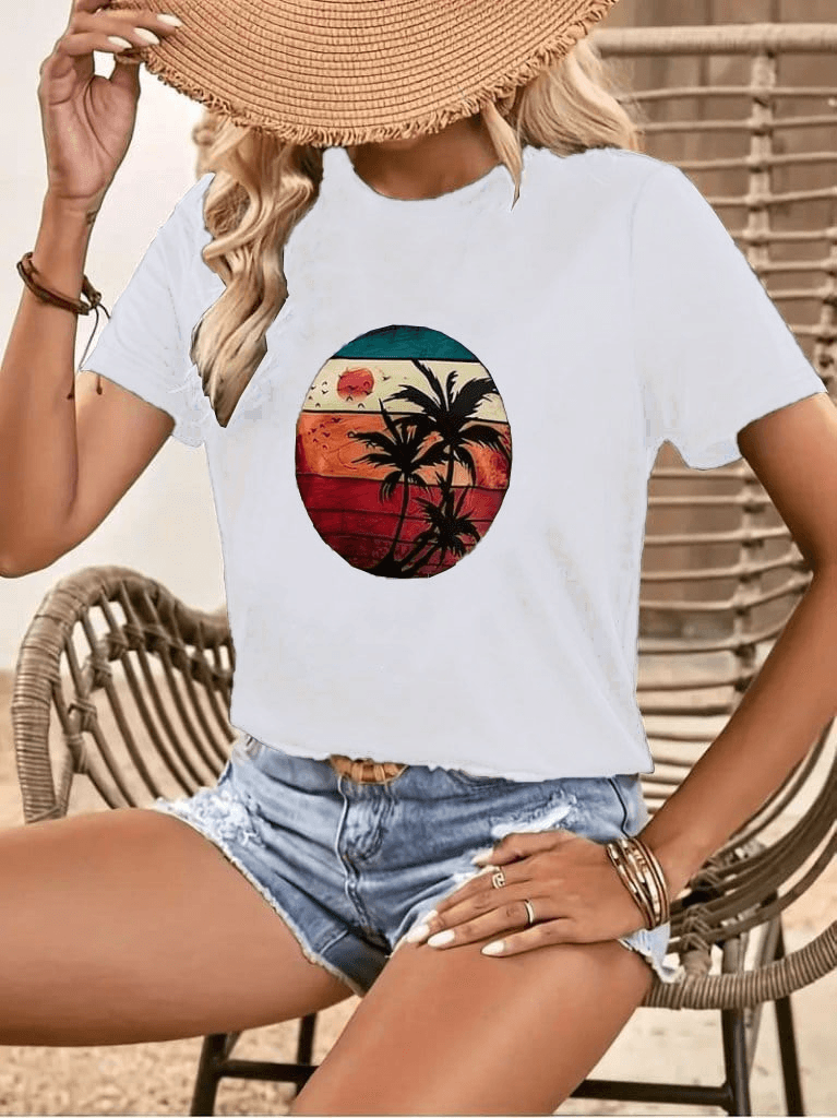 Kadın Kısa Kollu Palmiye Baskılı Viskon T-shirt — görsel 1/8