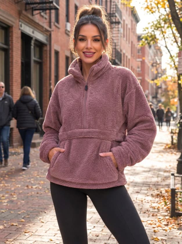 Kadın Yarım Fermuarlı Kanguru Cepli Peluş Wellsoft Sweatshirt — görsel 1/2