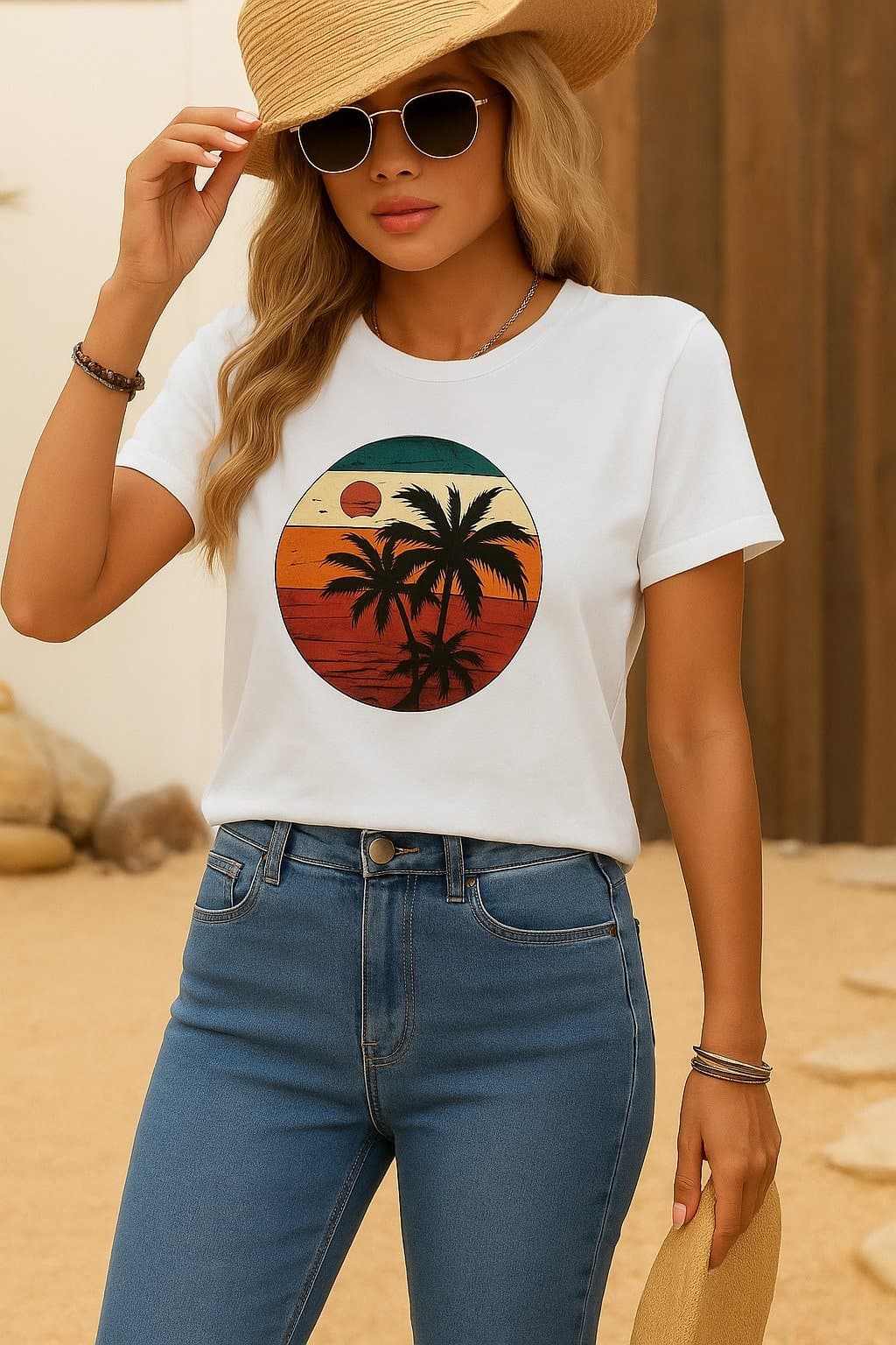 Kadın Kısa Kollu Palmiye Baskılı Viskon T-shirt — görsel 1/1